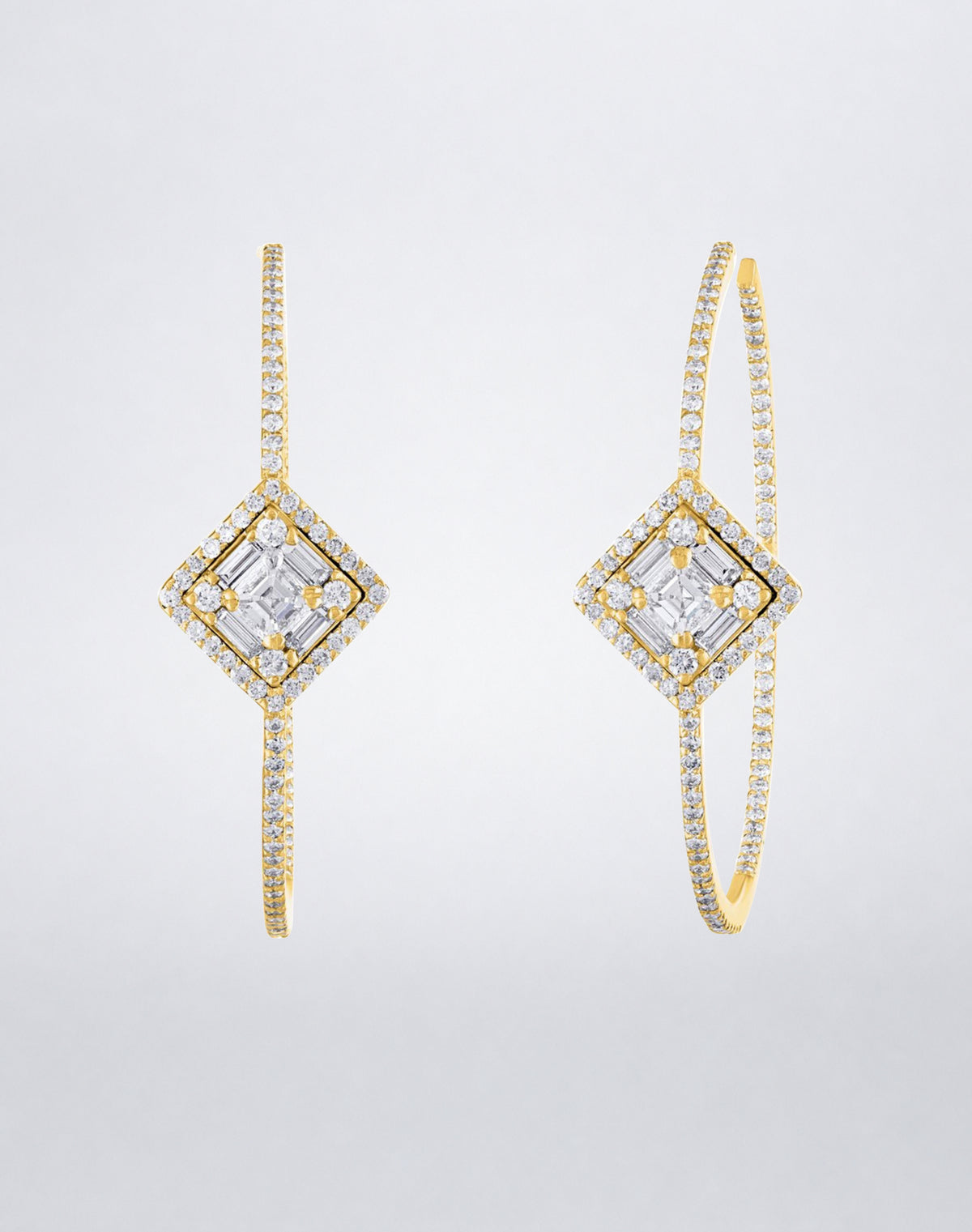Mindi Mond New York Clarity³ Asscher Cut Diamond Hoops in 18K yellow gold, pair of slim pavé hoop earrings with an Asscher cut Clarity³ formation and pavé halo at the front, front view