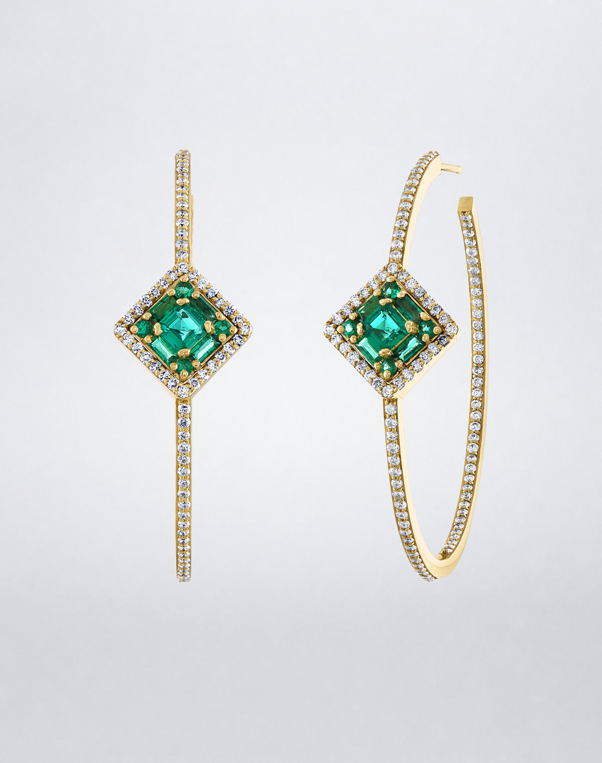 Mindi Mond New York Clarity³ Emerald Asscher Cut Hoops with nine-stone emerald formation and pavé diamonds in 18K yellow gold