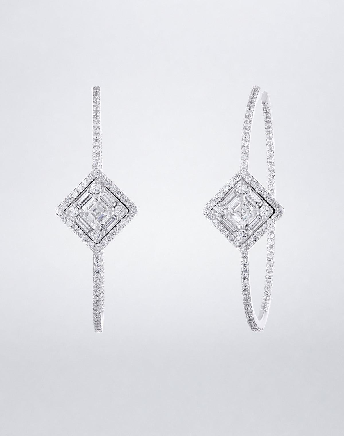 Mindi Mond New York Clarity³ Asscher Cut Diamond Hoops in 18K white gold, pair of slim pavé hoop earrings with an Asscher cut Clarity³ formation and pavé halo at the front, front view
