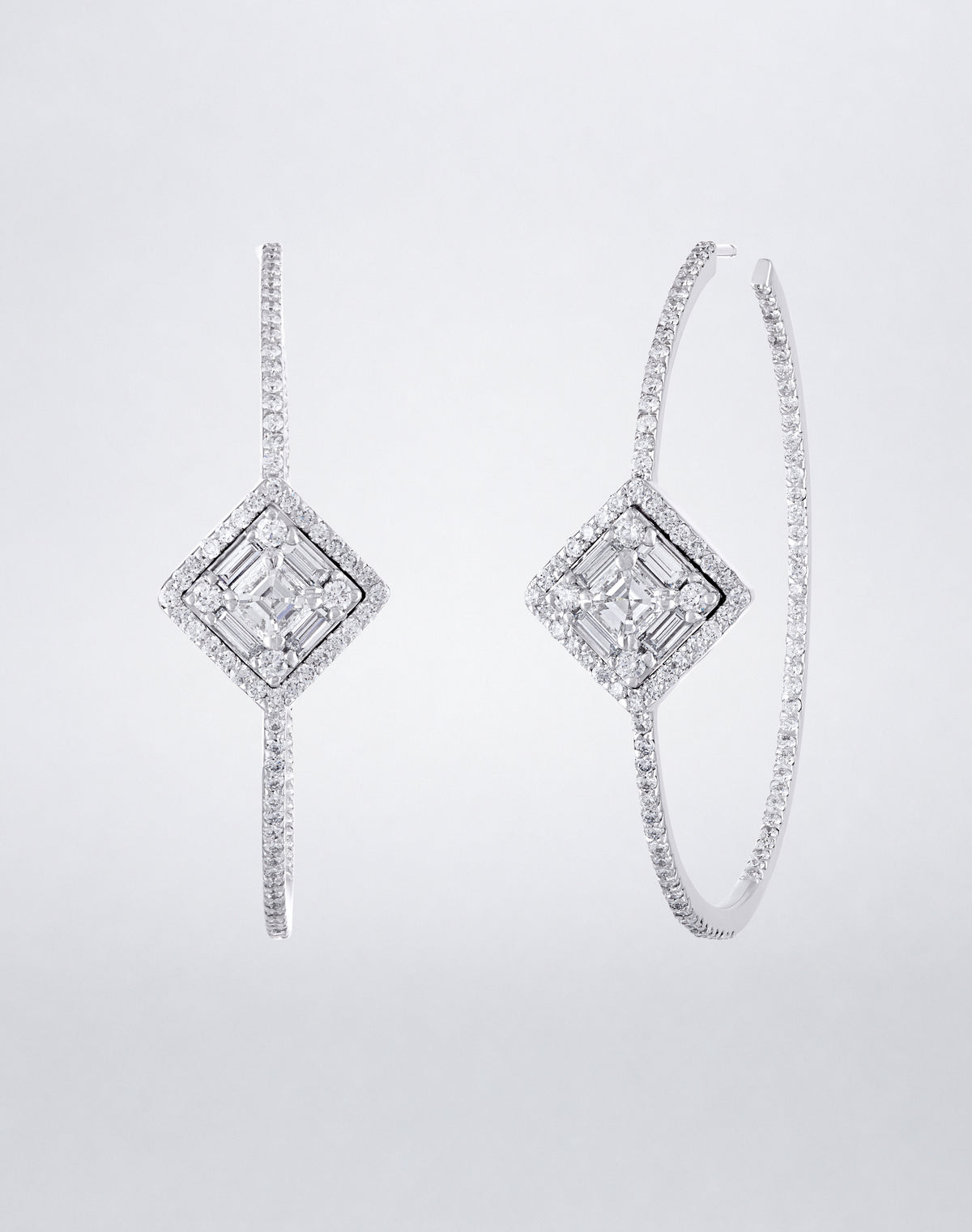 Mindi Mond New York Clarity³ Asscher Cut Diamond Hoops in 18K white gold, side view showing the pavé hoop profile and the halo-framed Asscher cut formation