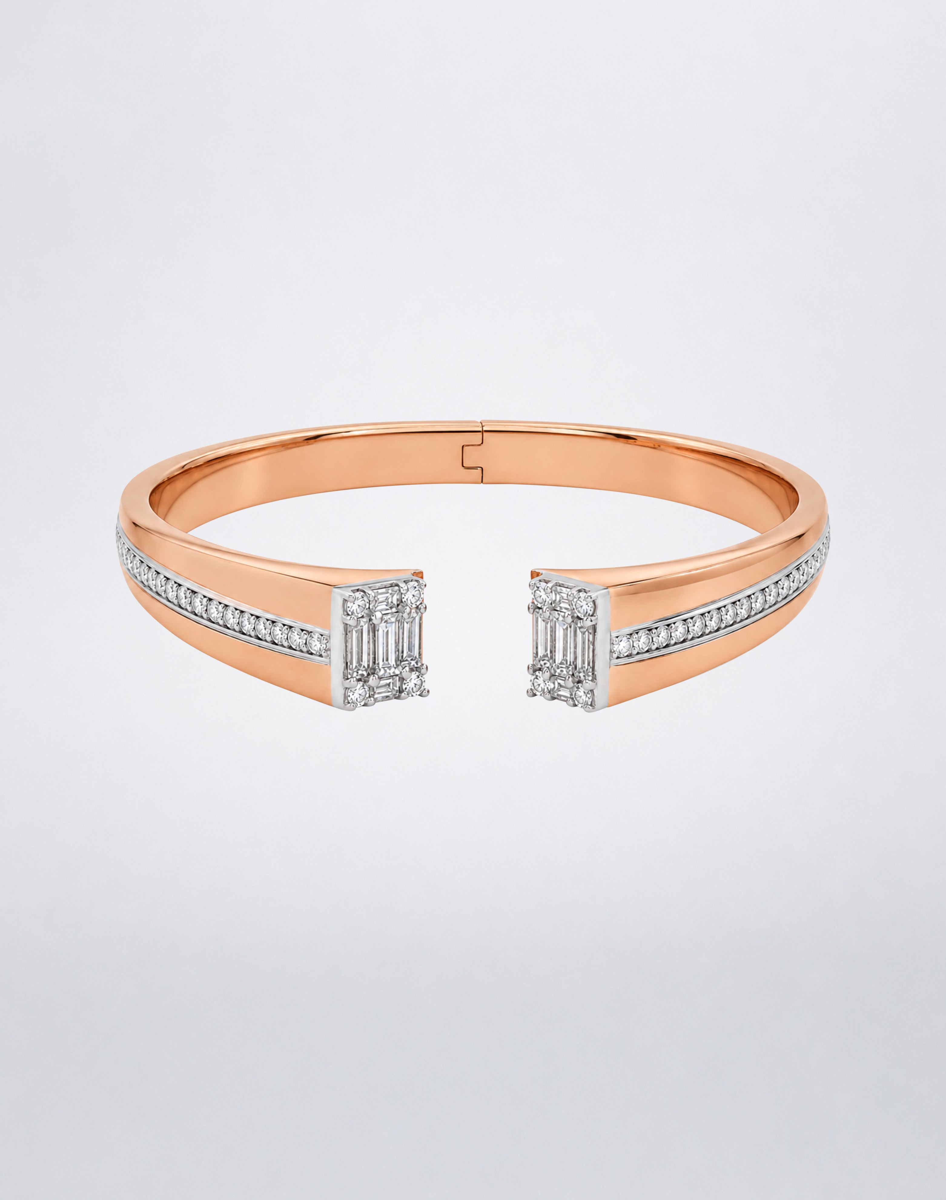 Mindi Mond New York Clarity³ Axis Bangle in 18k rose gold, hinged open cuff with a channel of round brilliant diamonds ending in a nine-stone Clarity³ formation on each side, front view