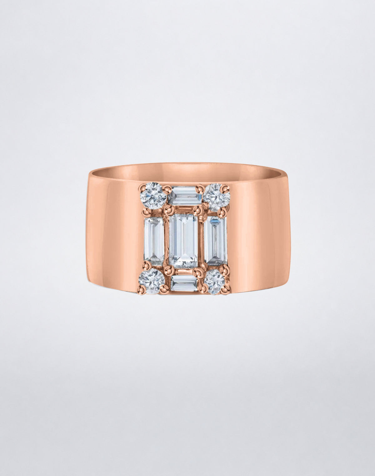 CLARITY³ Cigar Band in 18K rose gold with a baguette diamond cluster and round diamond accents by Mindi Mond New York