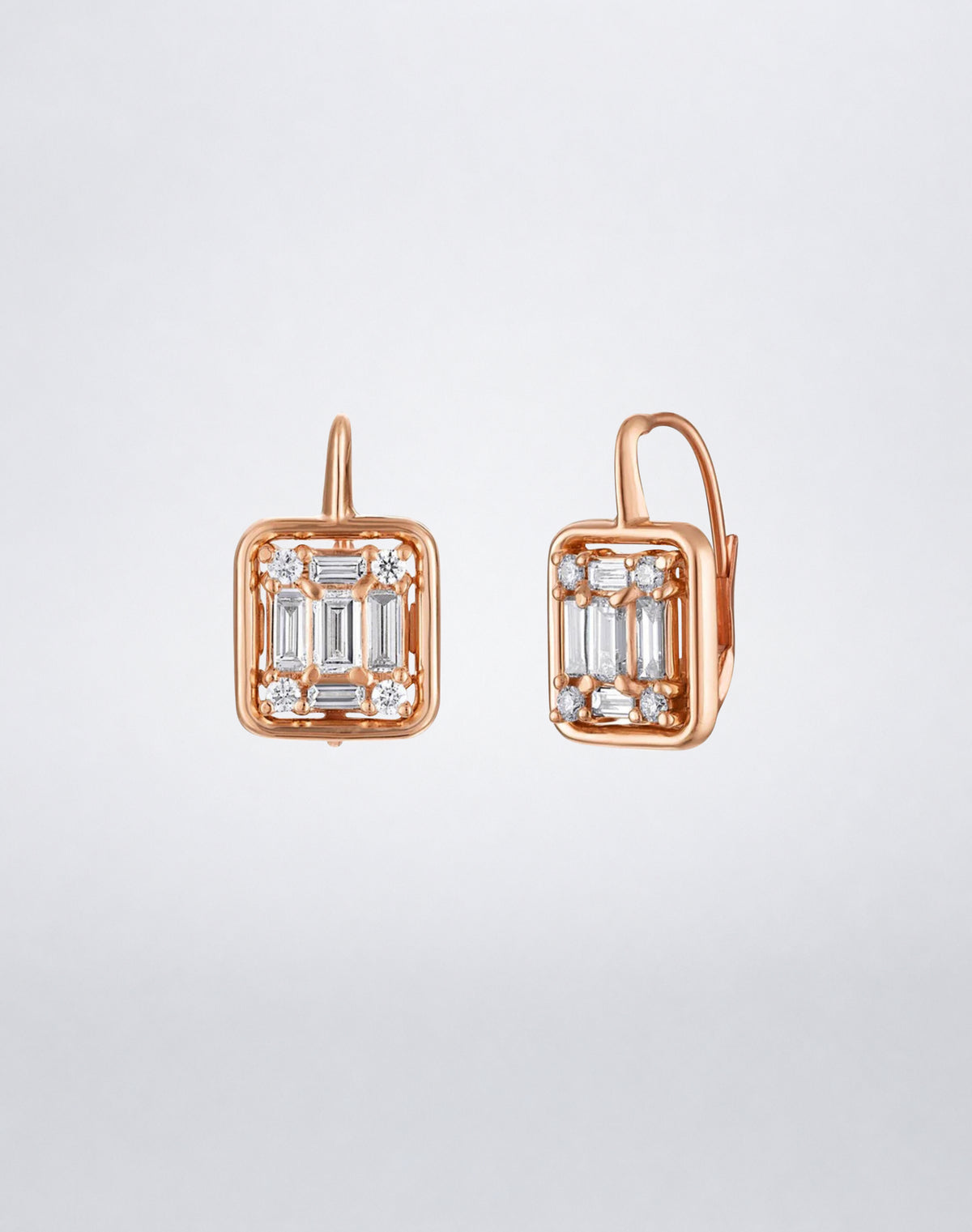 Mindi Mond New York Clarity³ Classic Gold Framed Drop Earrings in 18K rose gold, angled view showing the open gold frame and lever-back closure