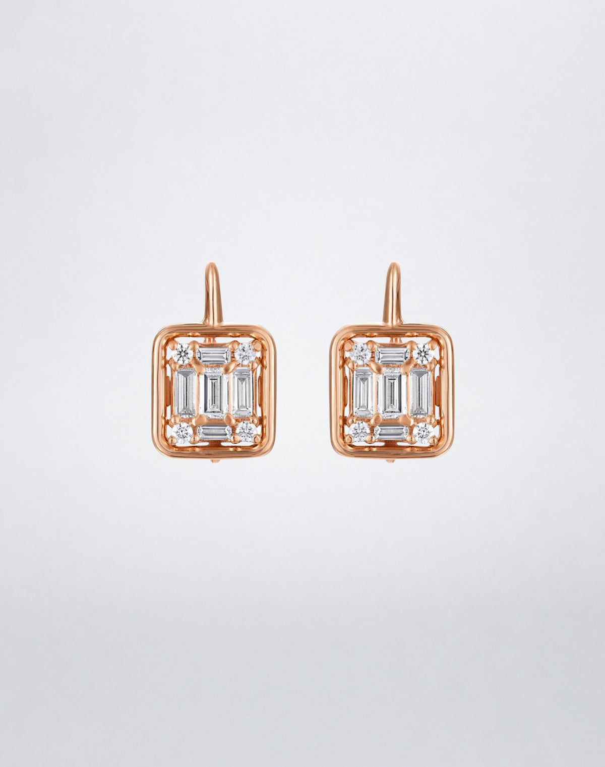 Mindi Mond New York Clarity³ Classic Gold Framed Drop Earrings in 18K rose gold, pair of lever-back earrings with a nine-stone diamond cube inside an open polished gold frame, front view