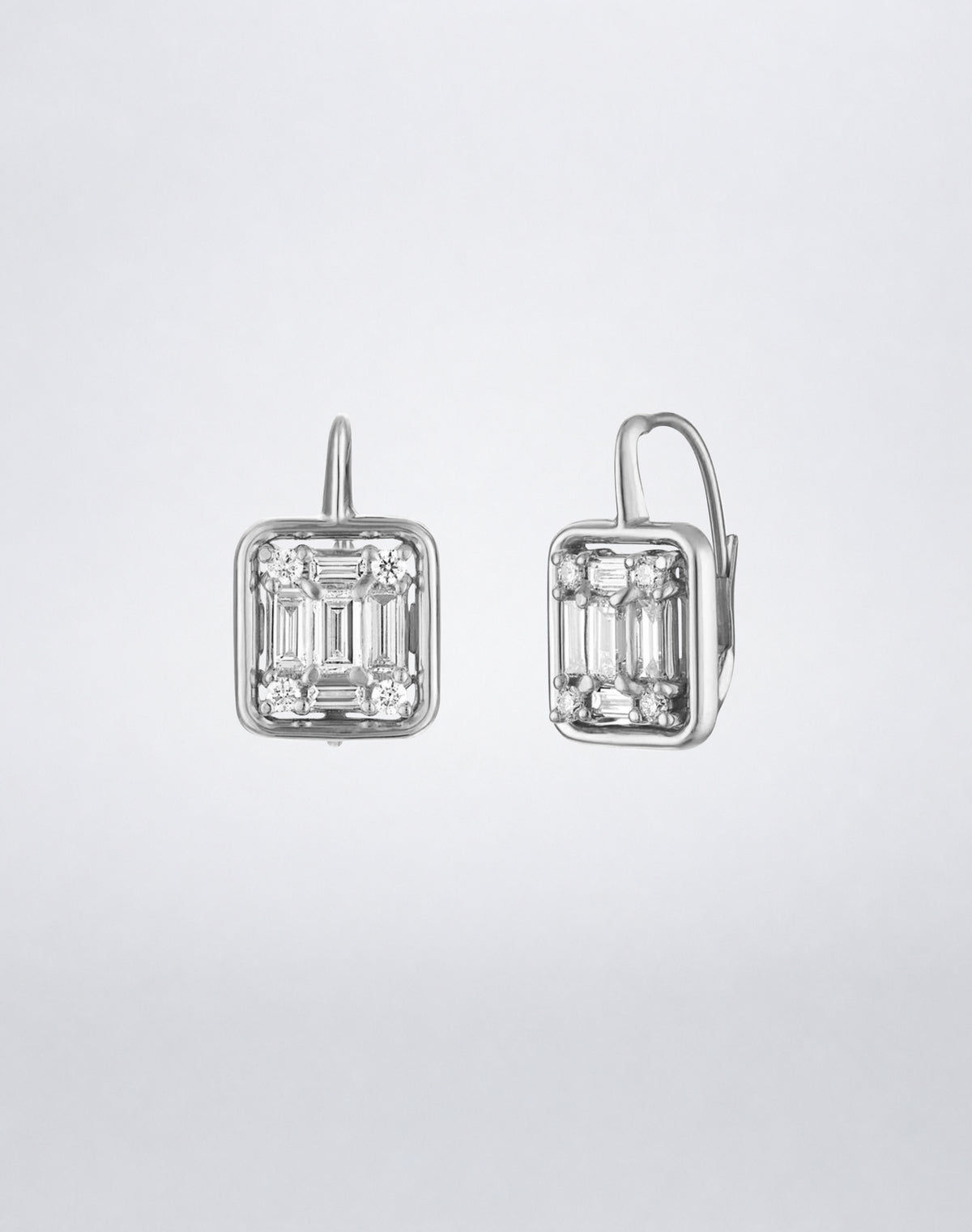 Mindi Mond New York Clarity³ Classic Gold Framed Drop Earrings in 18K white gold, angled view showing the open gold frame and lever-back closure