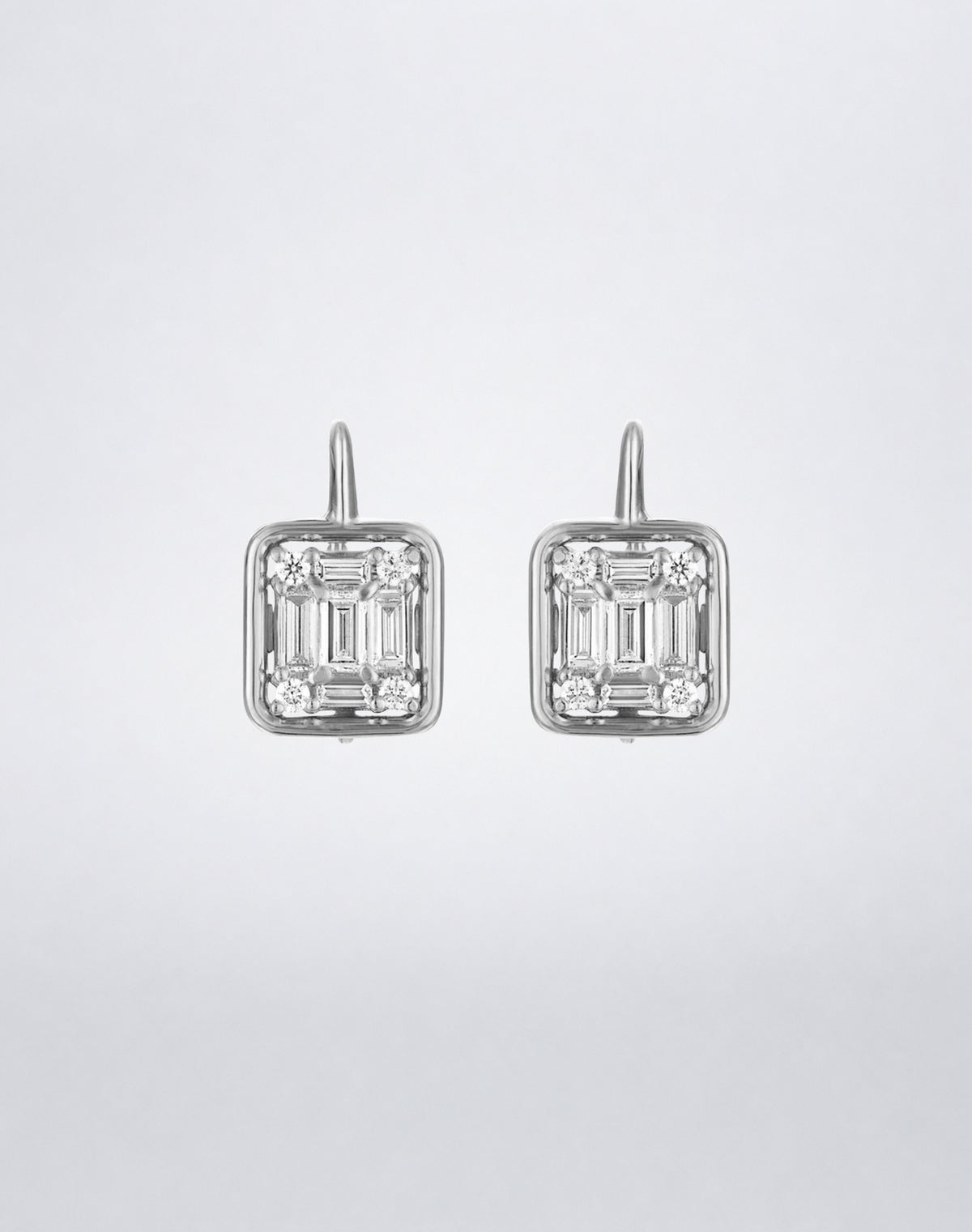 Mindi Mond New York Clarity³ Classic Gold Framed Drop Earrings in 18K white gold, pair of lever-back earrings with a nine-stone diamond cube inside an open polished gold frame, front view