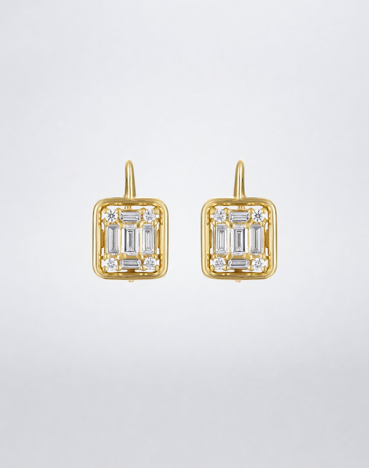 Mindi Mond New York Clarity³ Classic Gold Framed Drop Earrings in 18K yellow gold, pair of lever-back earrings with a nine-stone diamond cube inside an open polished gold frame, front view