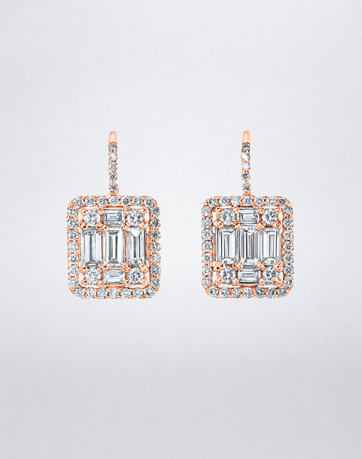 Mindi Mond New York Clarity³ Classic Halo Earrings in 18K rose gold, pair of lever-back drop earrings with a nine-stone diamond cube framed in a pavé halo, front view