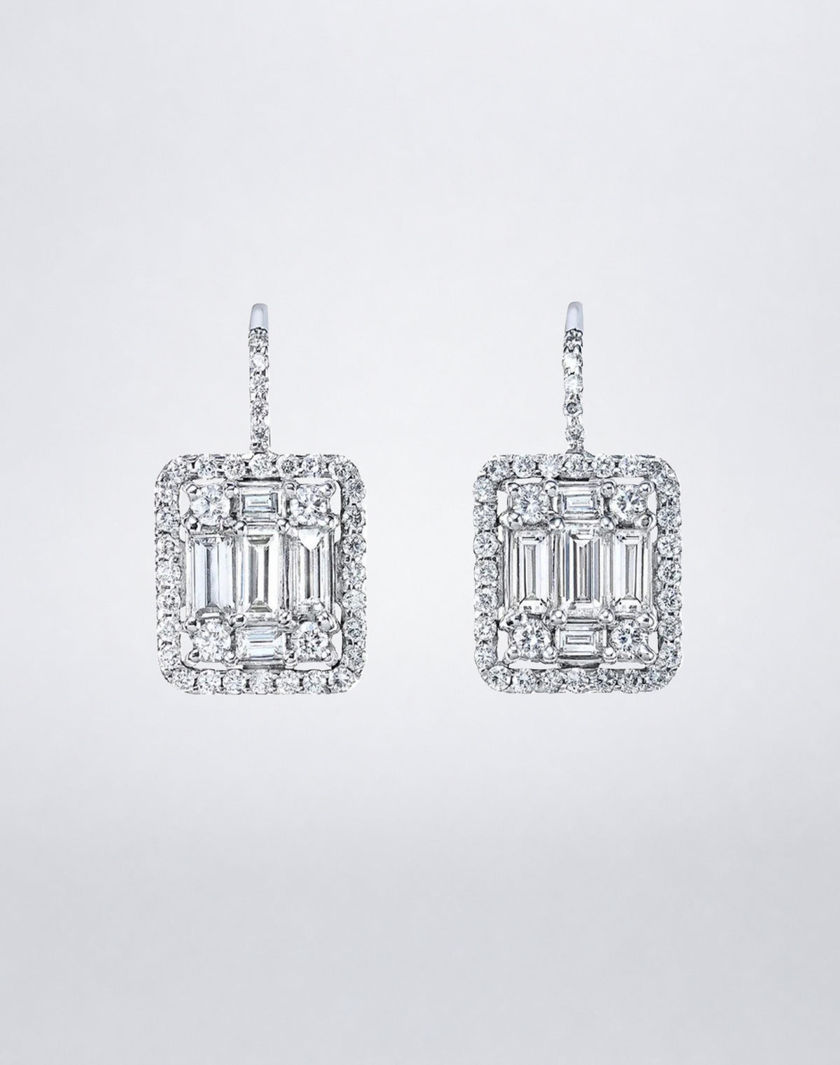 Mindi Mond New York Clarity³ Classic Halo Earrings in 18K white gold, pair of lever-back drop earrings with a nine-stone diamond cube framed in a pavé halo, front view