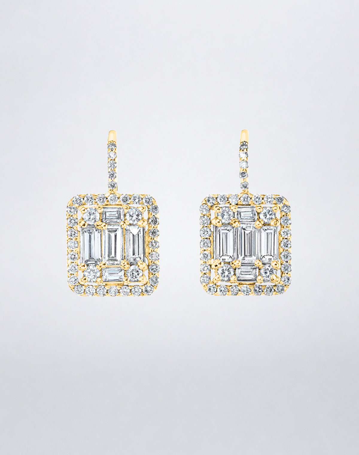 Mindi Mond New York Clarity³ Classic Halo Earrings in 18K yellow gold, pair of lever-back drop earrings with a nine-stone diamond cube framed in a pavé halo, front view