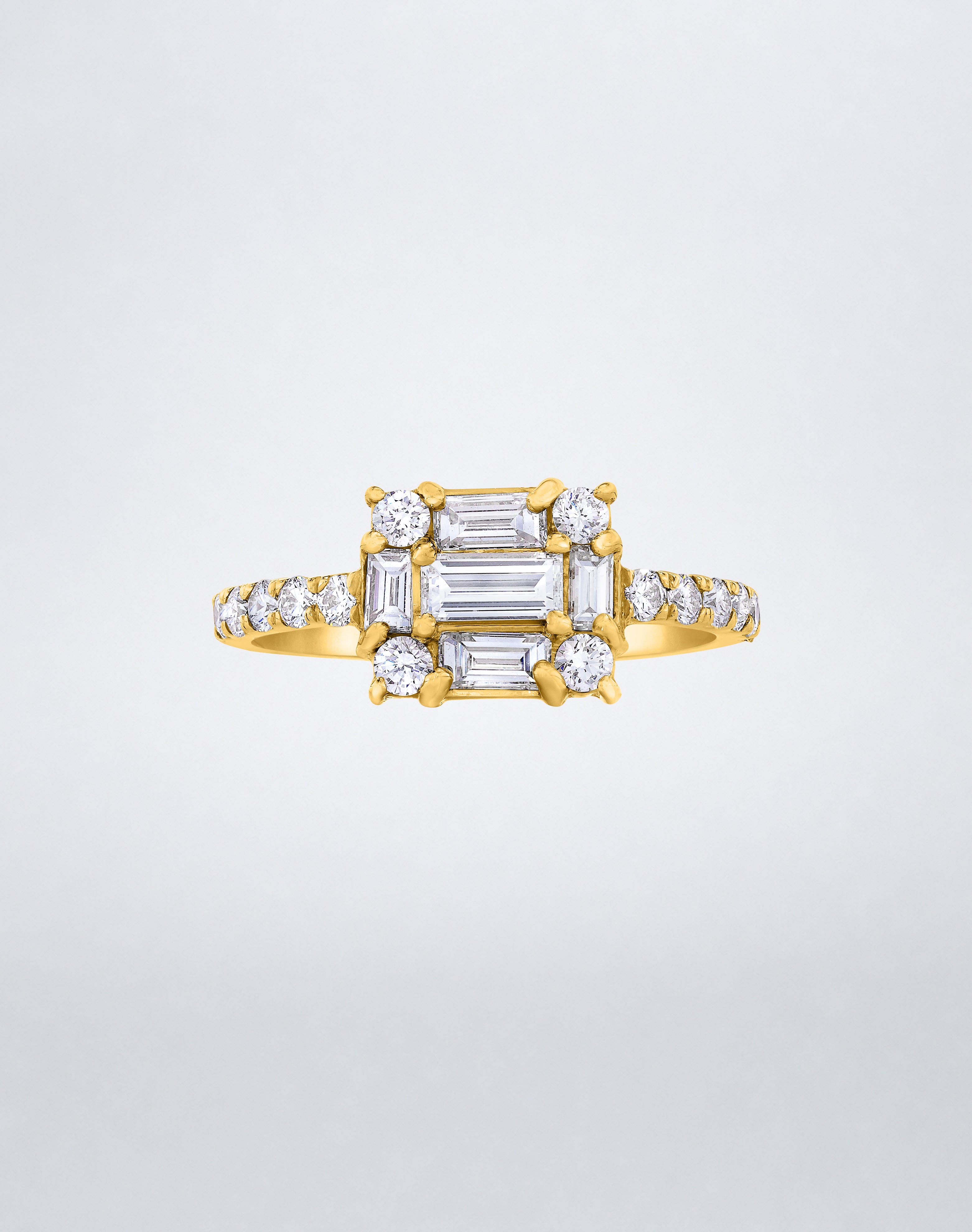 CLARITY³ Cube Diamond Band in 18K yellow gold featuring a baguette-cut diamond cluster with round diamonds along the band, by Mindi Mond New York, front view