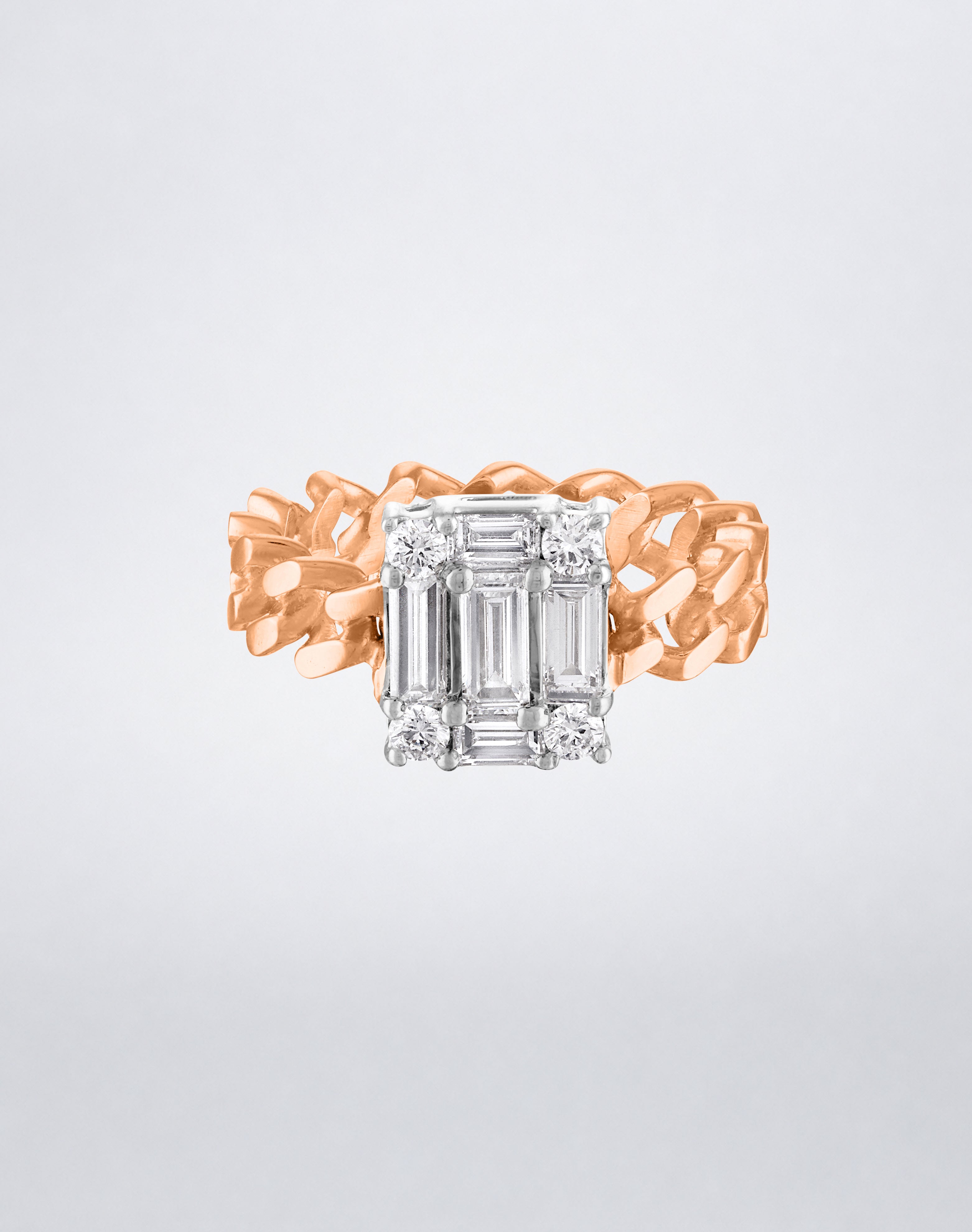CLARITY³ Cube Link Ring in 18K rose gold with a curb-link band and baguette diamond cluster, front view, Mindi Mond New York