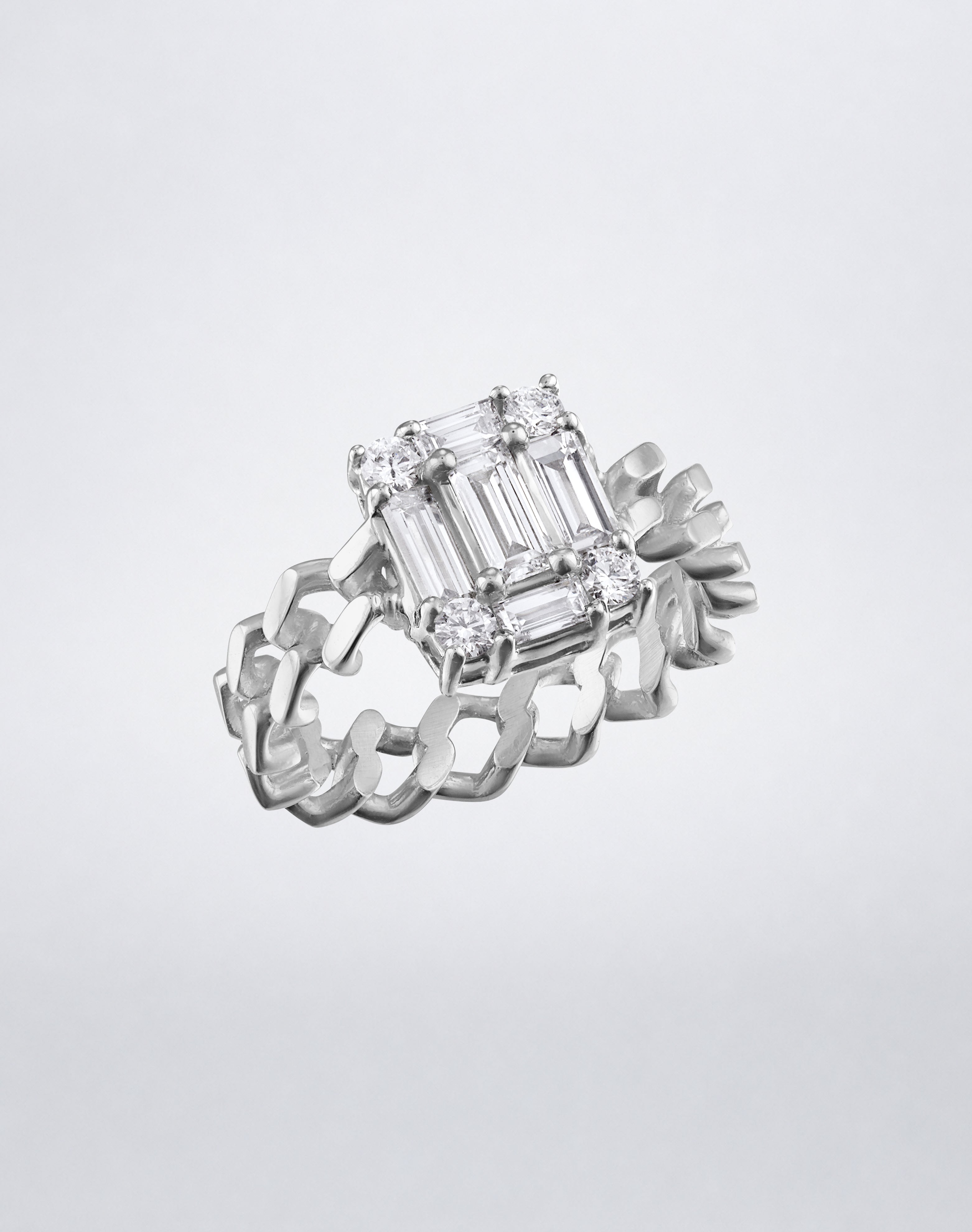 CLARITY³ Cube Link Ring in 18K white gold with a curb-link band and baguette diamond cluster, by Mindi Mond New York, shown at an angle