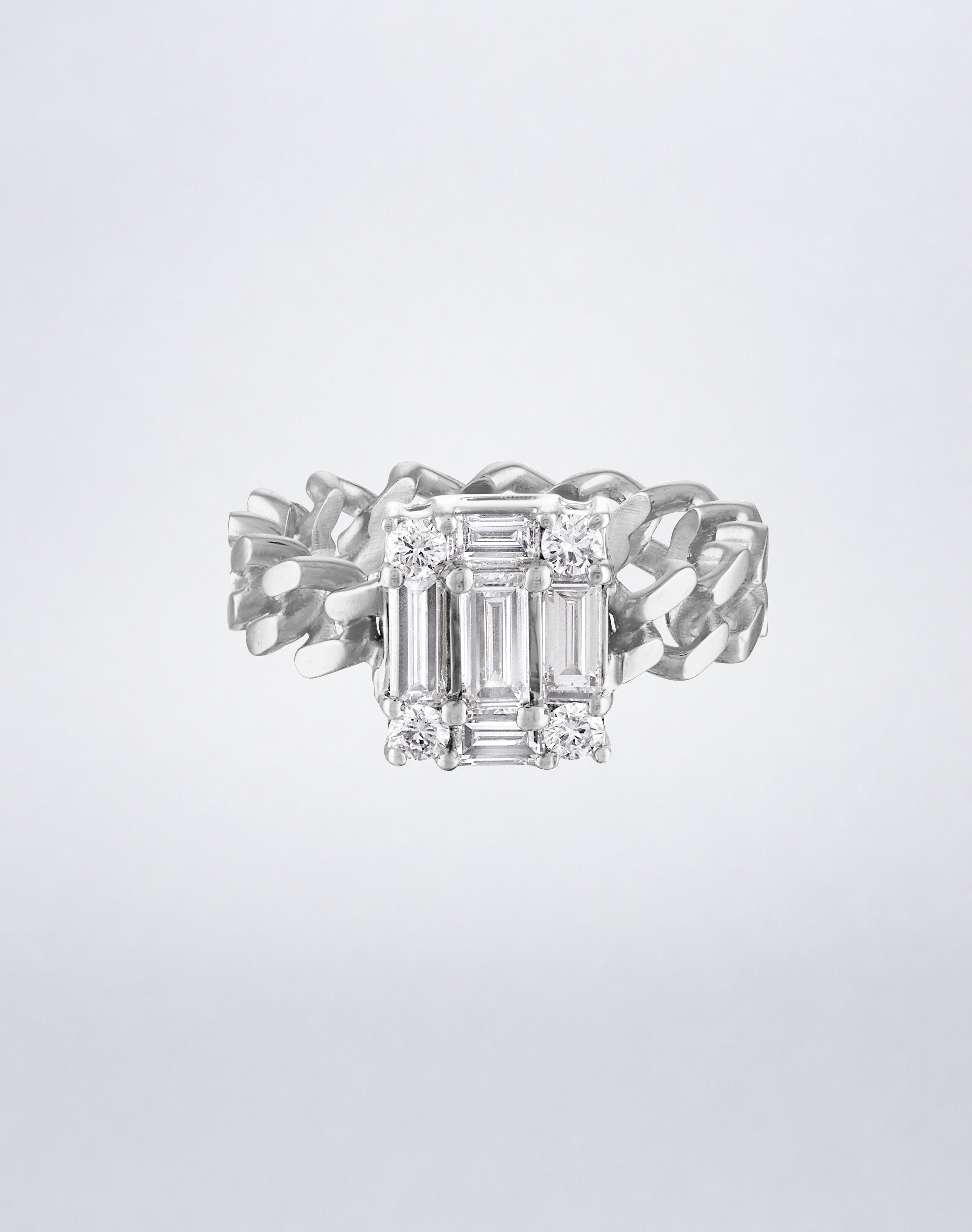 CLARITY³ Cube Link Ring in 18K white gold with a curb-link band and baguette diamond cluster, by Mindi Mond New York, front view