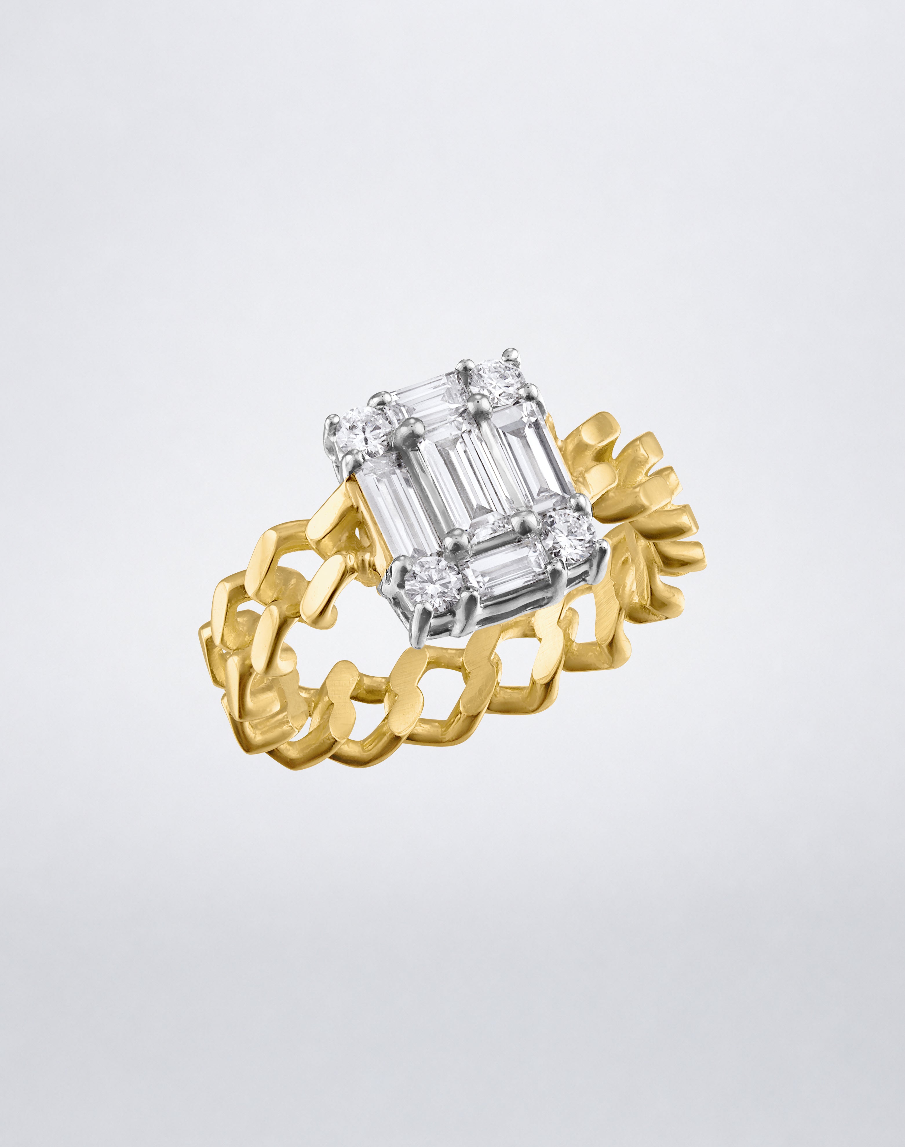 CLARITY³ Cube Link Ring in 18K yellow gold with a curb-link band and baguette diamond cluster, by Mindi Mond New York, shown at an angle