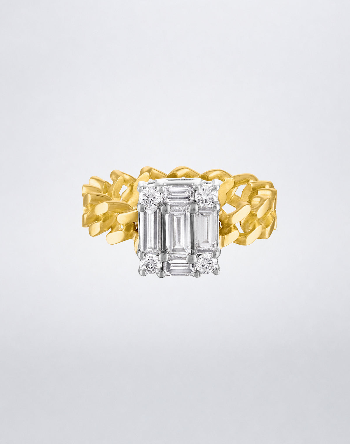 CLARITY³ Cube Link Ring in 18K yellow gold with a curb-link band and baguette  and round diamond cluster, by Mindi Mond New York, front view