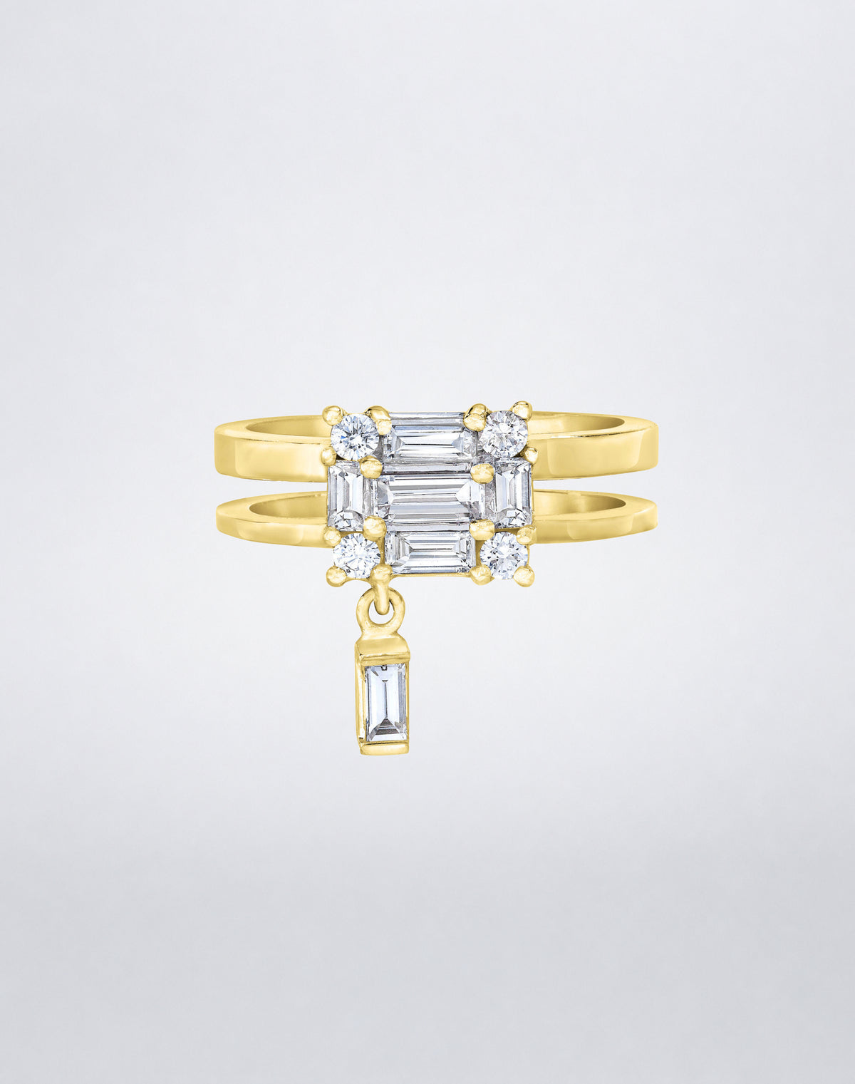 CLARITY³ Dangling Double Shank Ring in 18K yellow gold, featuring a square cluster of baguette and round diamonds with a dangling baguette diamond below, by Mindi Mond New York, front view