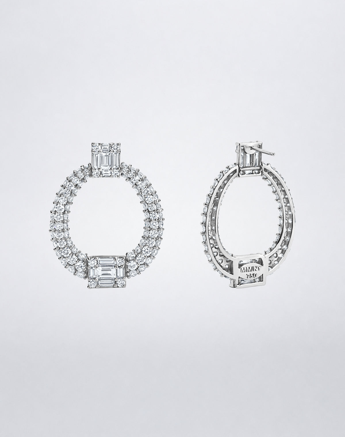 Mindi Mond New York Clarity³ All Diamond Doorknocker Earrings in 18K white gold, front and back view showing the post closure and MM/NY 750 hallmark