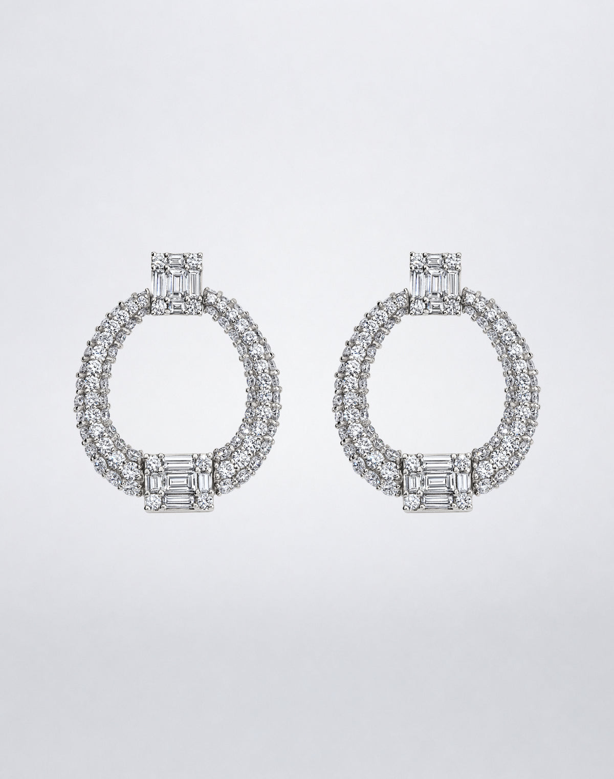 Mindi Mond New York Clarity³ All Diamond Doorknocker Earrings in 18K white gold, pair of pavé diamond hoops with a nine-stone diamond cube at the top and base of each, front view