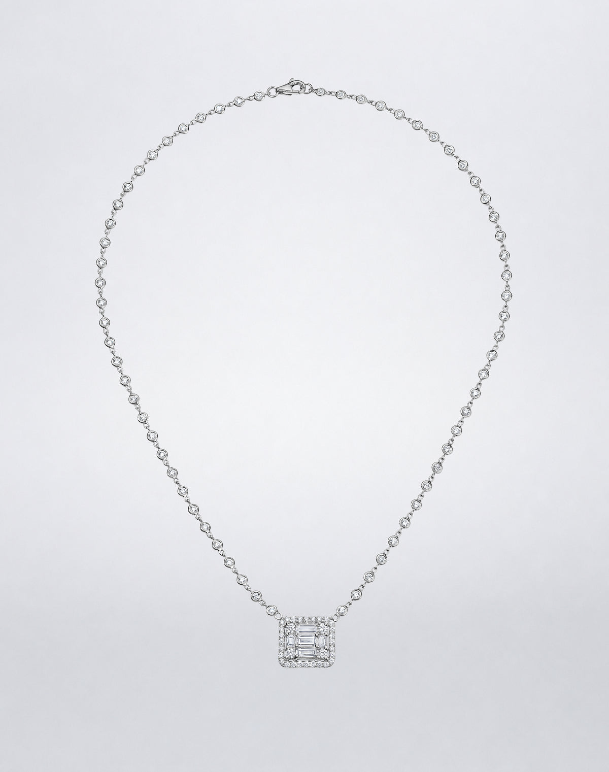 Mindi Mond New York Clarity³ All Diamond Halo Cube Necklace in 18K white gold, diamond cube with pavé halo on a bezel-set diamonds-by-the-yard chain, full view