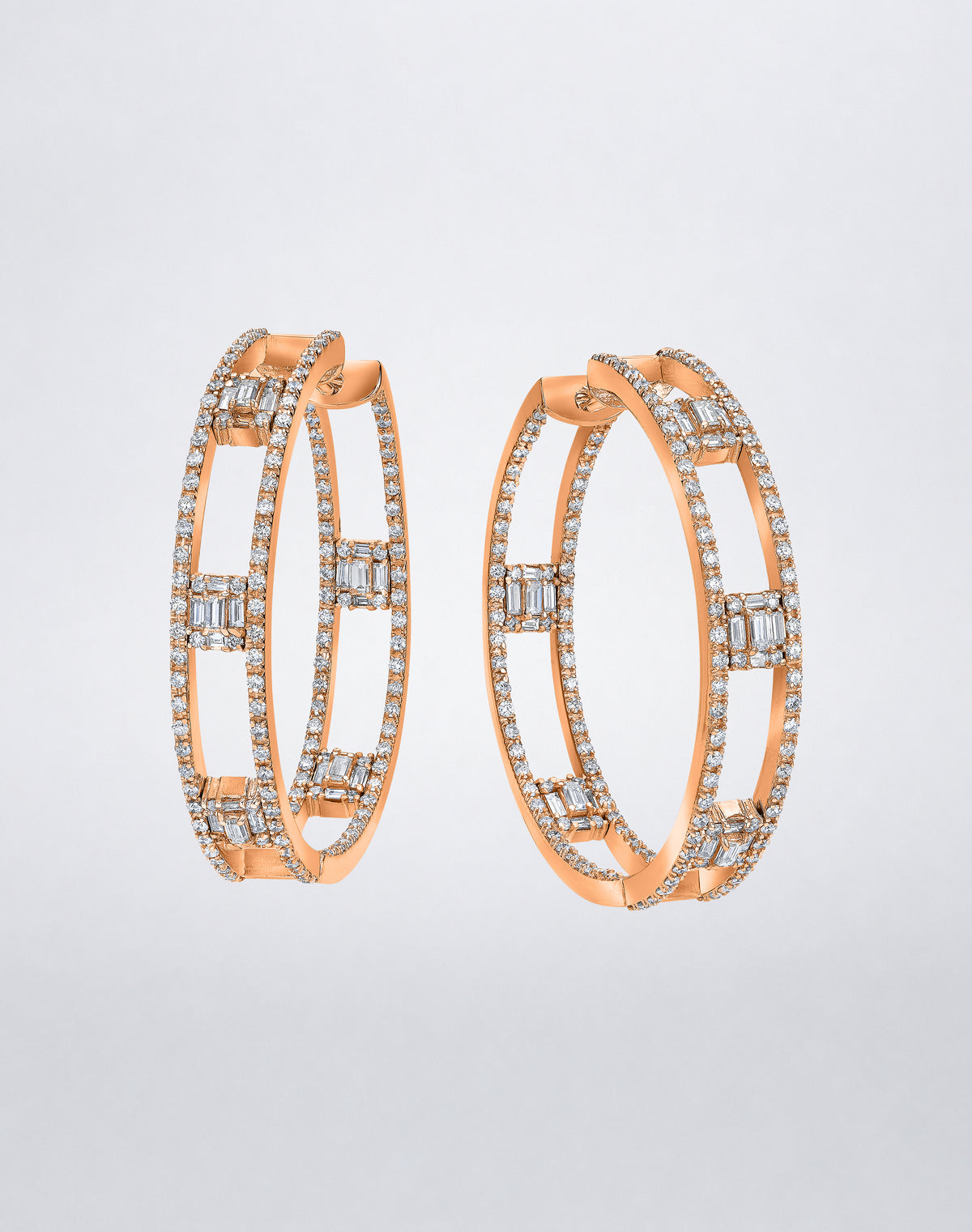 Mindi Mond New York Clarity³ All Diamond Hoops in 18K rose gold, pair of open-frame hoop earrings with two pavé diamond rails joined by nine-stone diamond cubes, front view