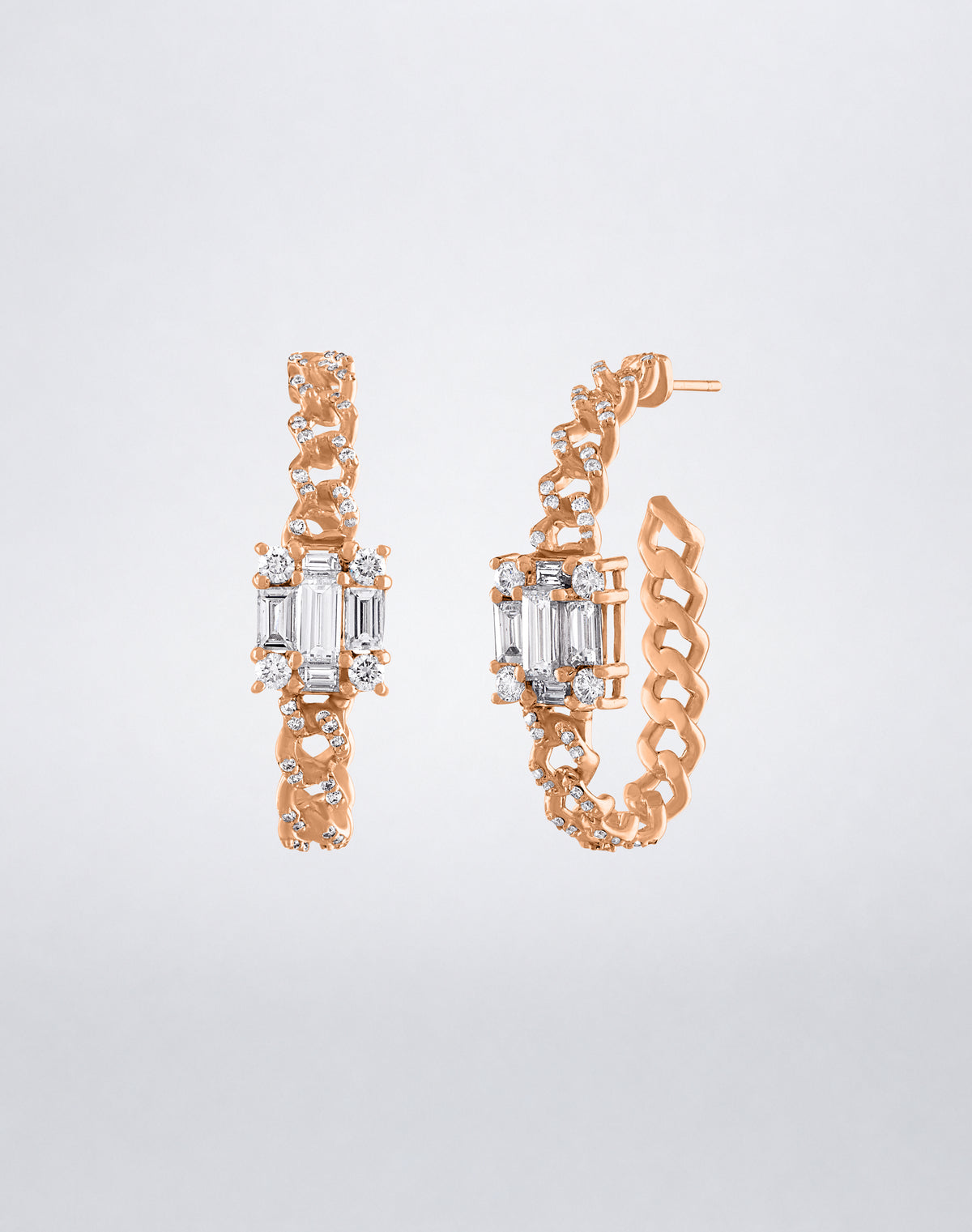 Mindi Mond New York Clarity³ Diamond Oval Link Hoops in 18K rose gold, pair of oval curb-link hoop earrings with pavé front links and a nine-stone diamond cube at the center, front view