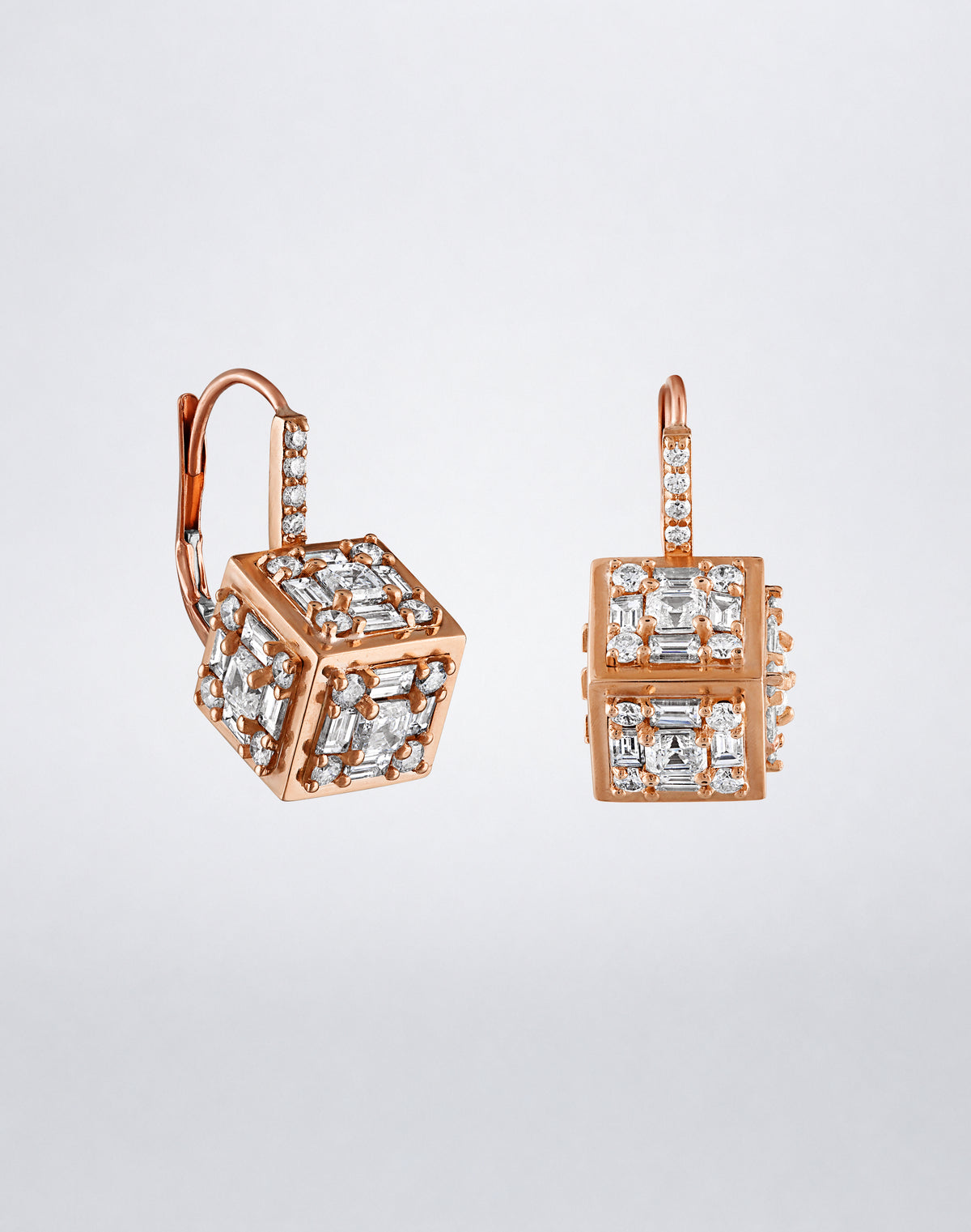 Mindi Mond New York Clarity³ Dimensional Drop Earrings in polished 18K rose gold, diamond formations framed in high-polish gold on pavé lever-backs