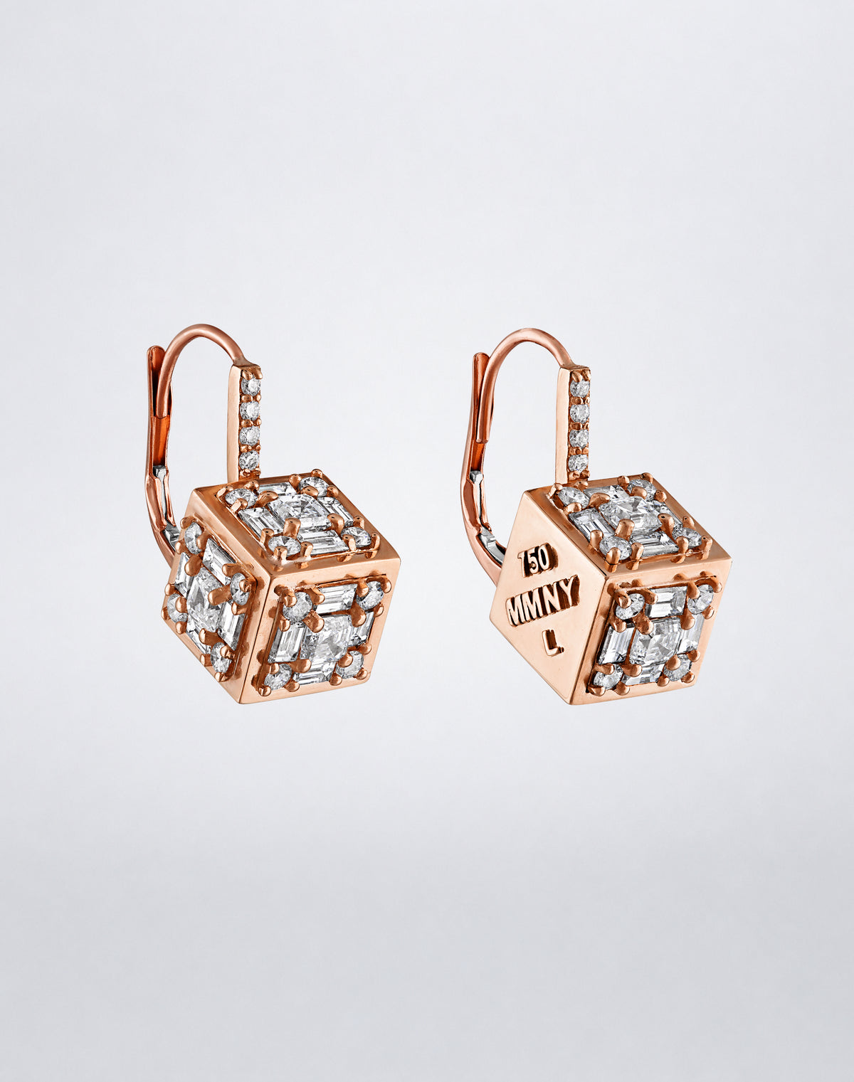 Clarity³ Dimensional Drop Earrings in 18K rose gold, the engraved MMNY face turned toward the light beside diamond-set faces
