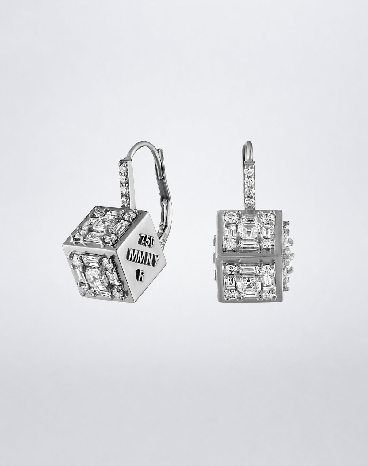Mindi Mond New York Clarity³ Dimensional Drop Earrings in 18K white gold, hallmarked face beside faces of baguette and round brilliant diamonds
