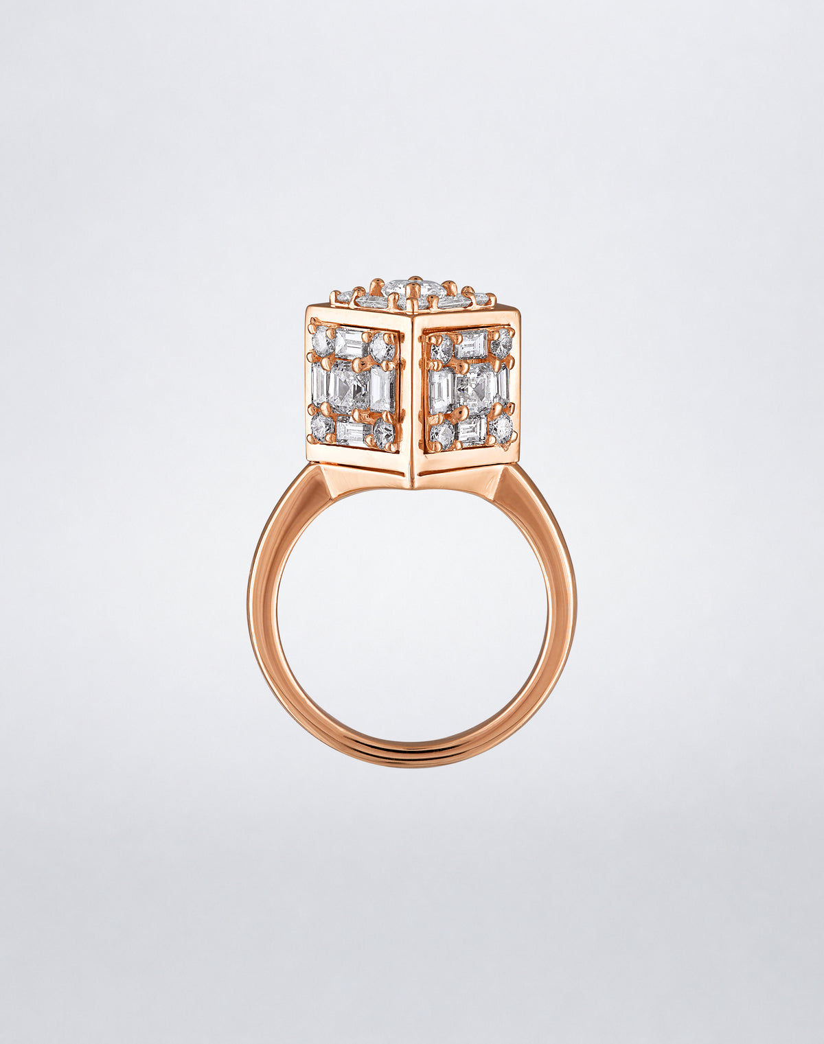 CLARITY³ Dimensional Gold Ring in 18K rose gold, featuring a sculptural cube set with baguette and round diamonds, side view, by Mindi Mond New York