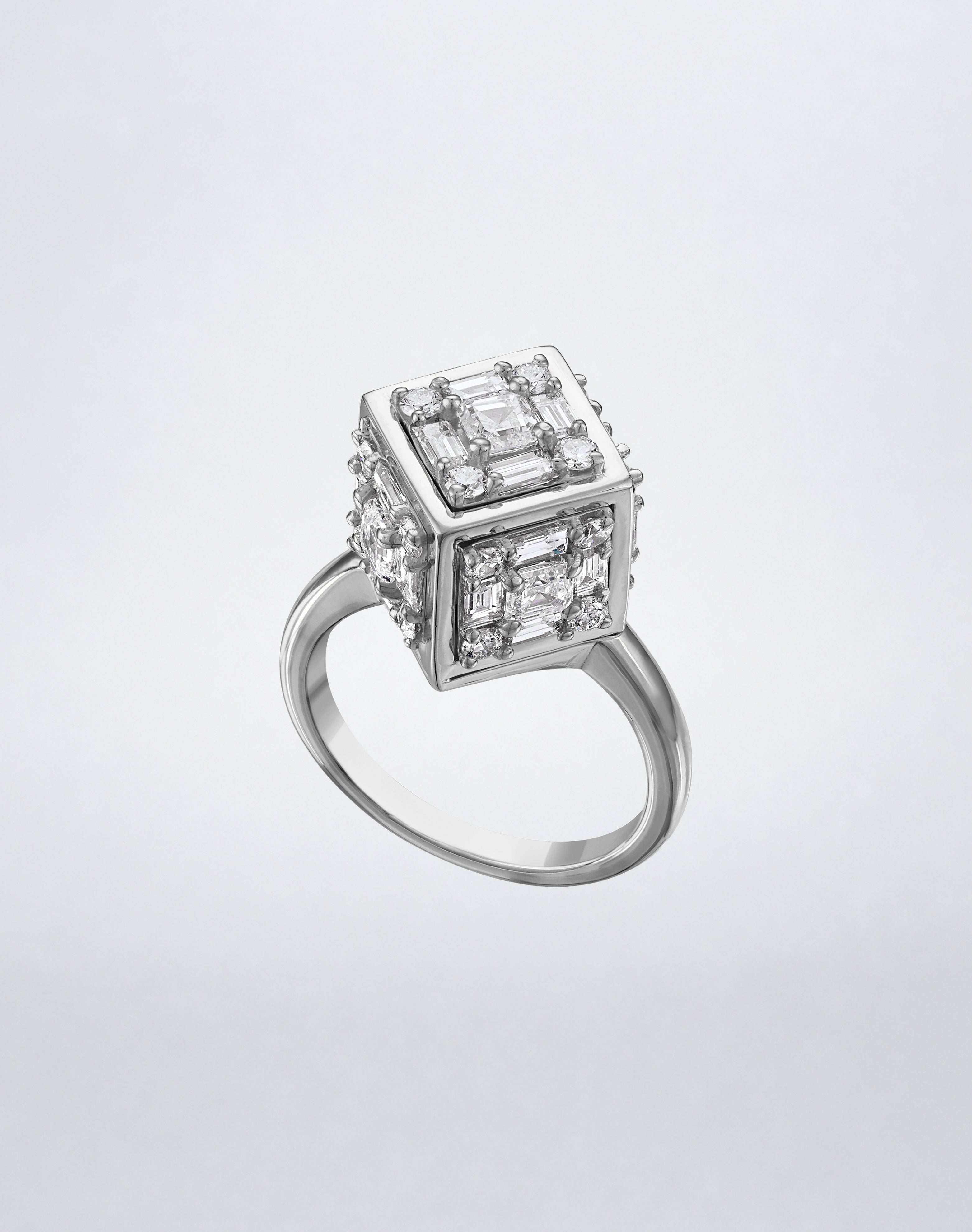 CLARITY³ Dimensional Gold Ring in 18K white gold, featuring a sculptural cube set with baguette and round diamonds, shown at an angle, by Mindi Mond New York