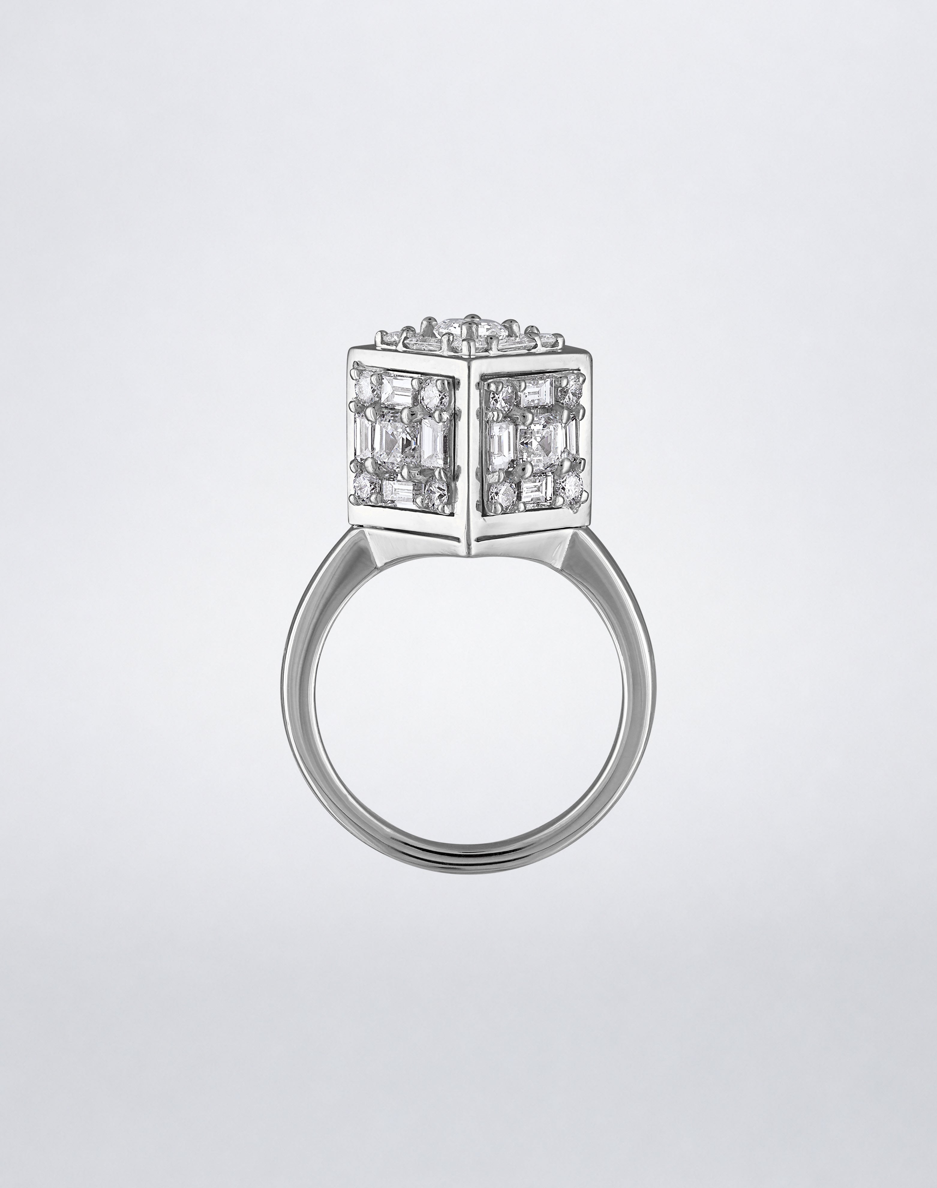 CLARITY³ Dimensional Gold Ring in 18K white gold, featuring a sculptural cube set with baguette and round diamonds, side view, by Mindi Mond New York