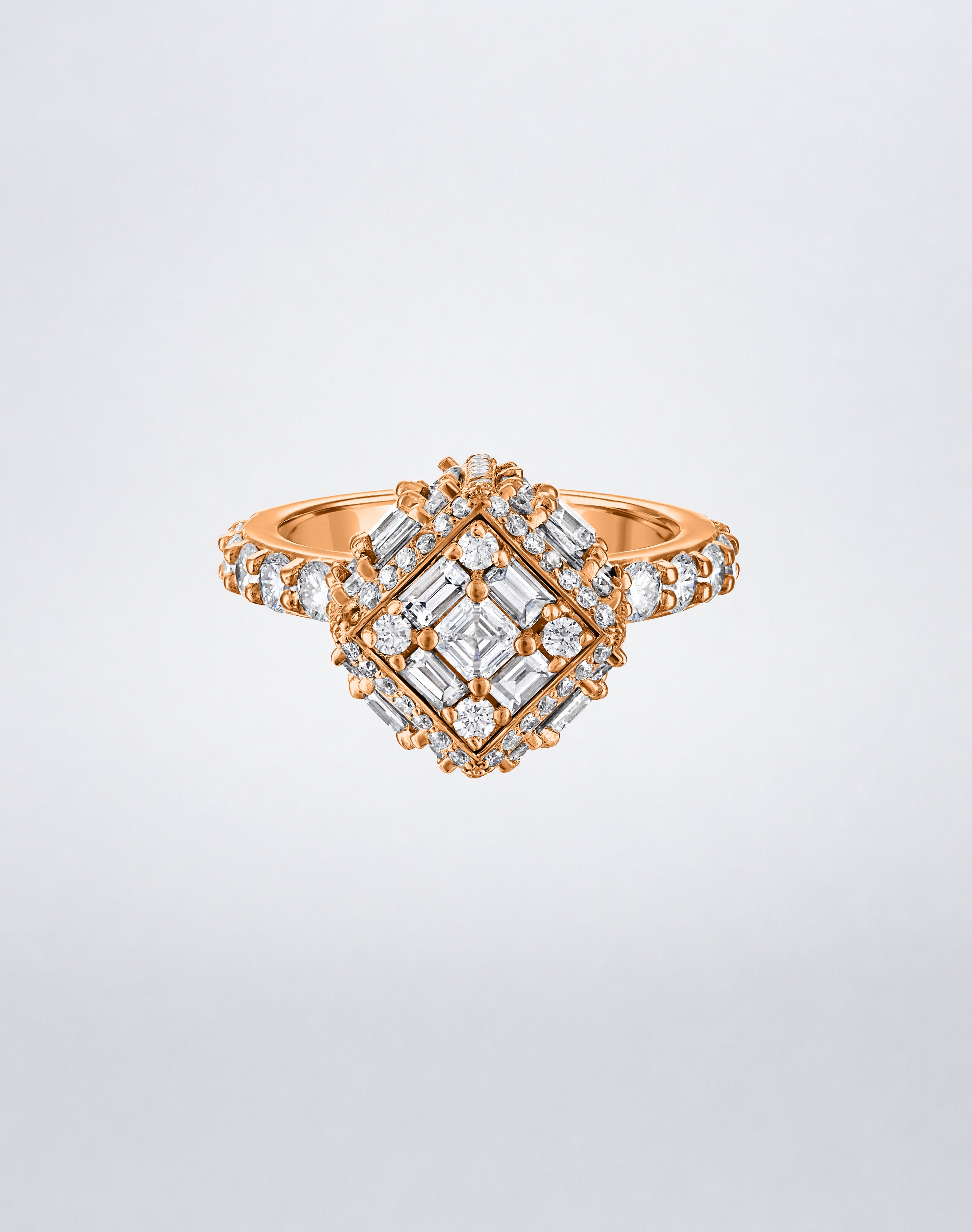 CLARITY³ Dimensional Halo Diamond Ring in 18K rose gold, featuring a sculptural diamond cube on a pavé diamond shank, by Mindi Mond New York