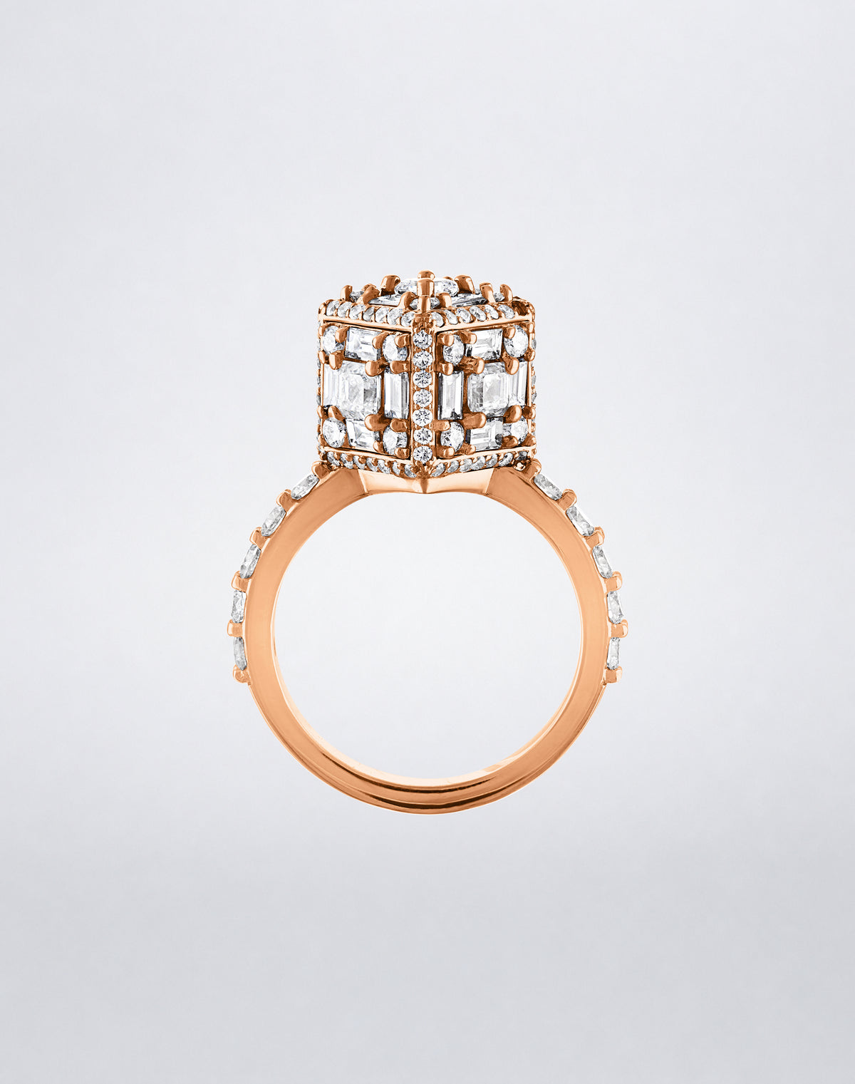CLARITY³ Dimensional Halo Diamond Ring in 18K rose gold, featuring a sculptural diamond cube on a pavé diamond shank, side view, by Mindi Mond New York