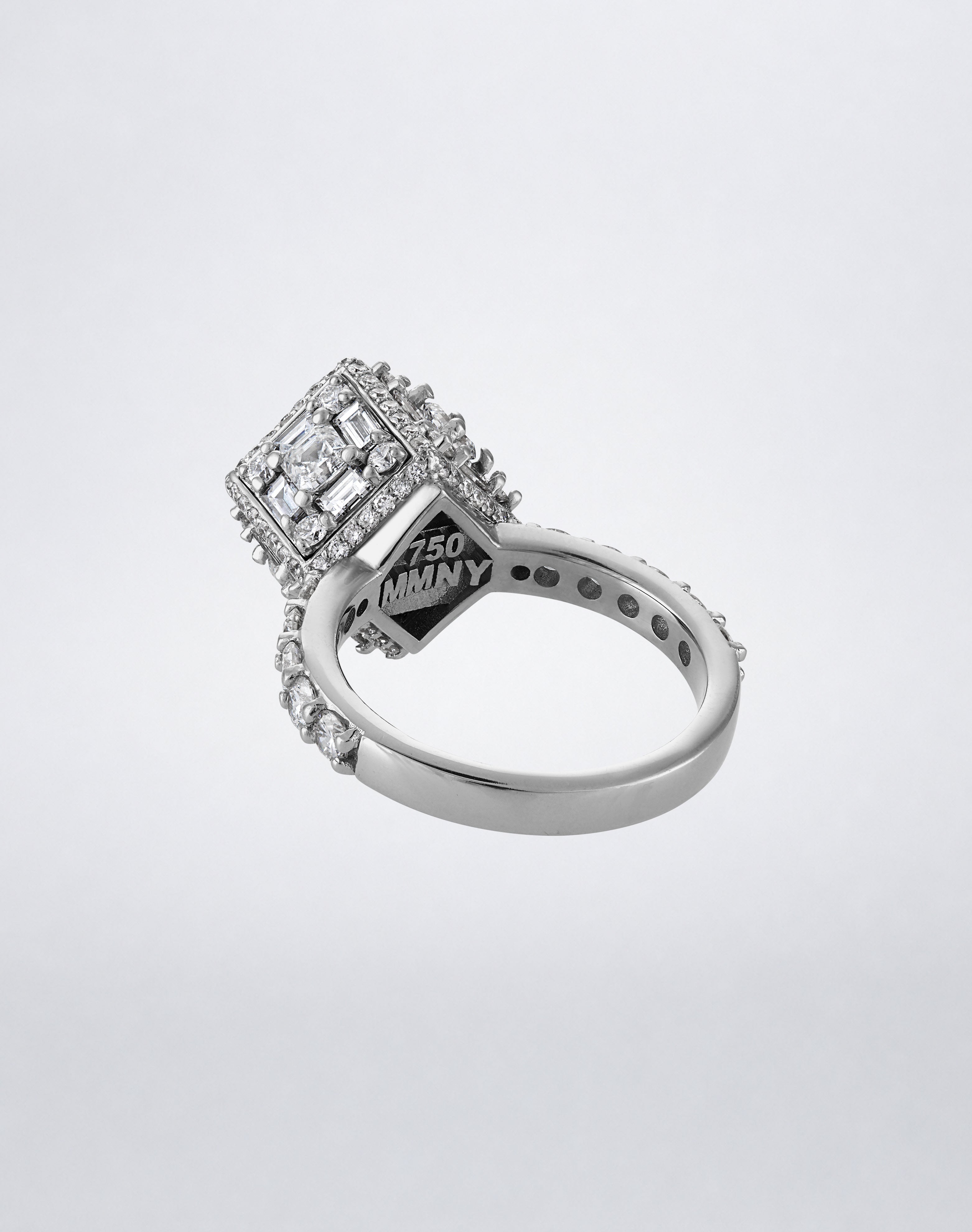CLARITY³ Dimensional Halo Diamond Ring in 18K white gold, featuring a sculptural diamond cube on a pavé diamond shank, close-up detail, by Mindi Mond New York