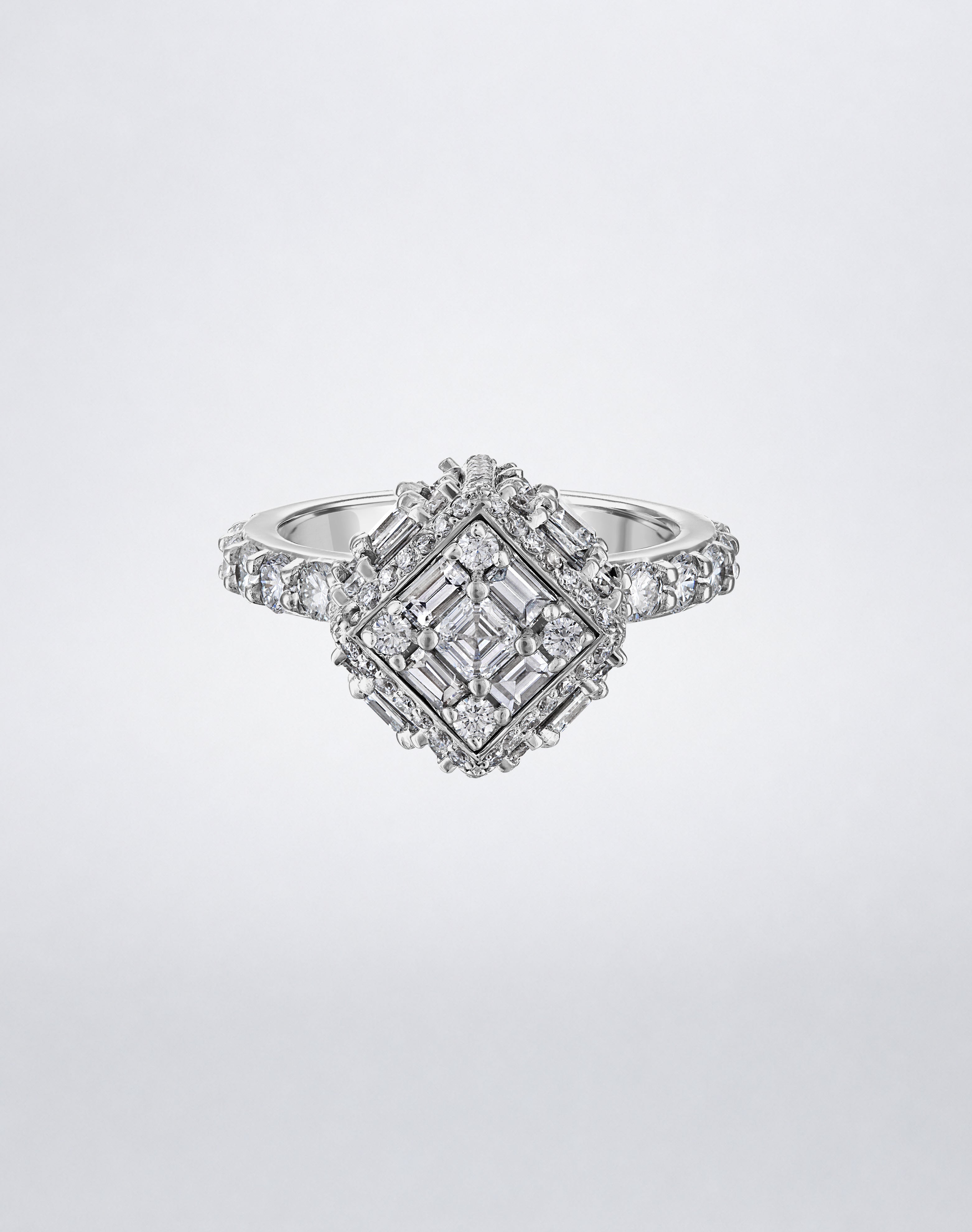 CLARITY³ Dimensional Halo Diamond Ring in 18K white gold, featuring a sculptural diamond cube on a pavé diamond shank, by Mindi Mond New York