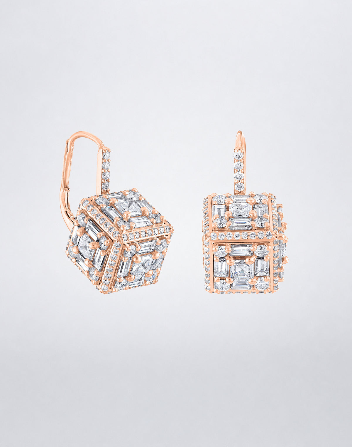 Mindi Mond New York Clarity³ Dimensional Mega Halo Drop Earrings in 18K rose gold, diamond formations ringed in pavé halos across three faces