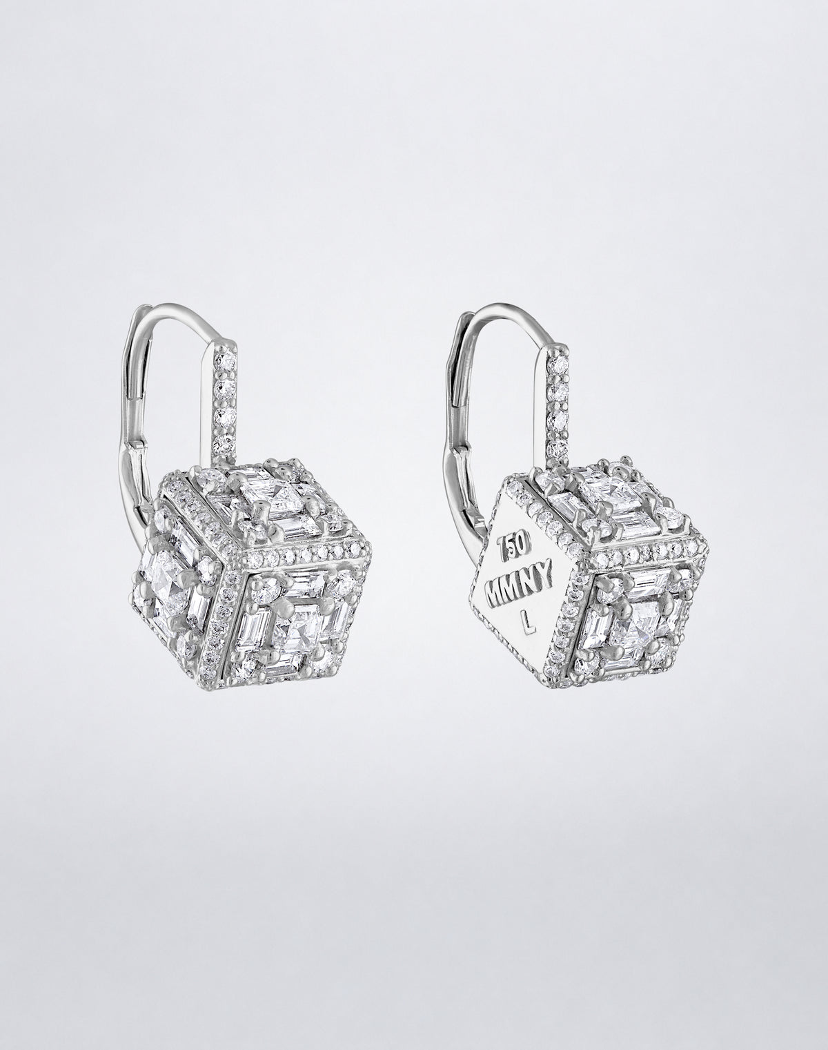 Mindi Mond New York Clarity³ Dimensional Mega Halo Drop Earrings in 18K white gold in profile, pavé halos tracing every edge of the cube