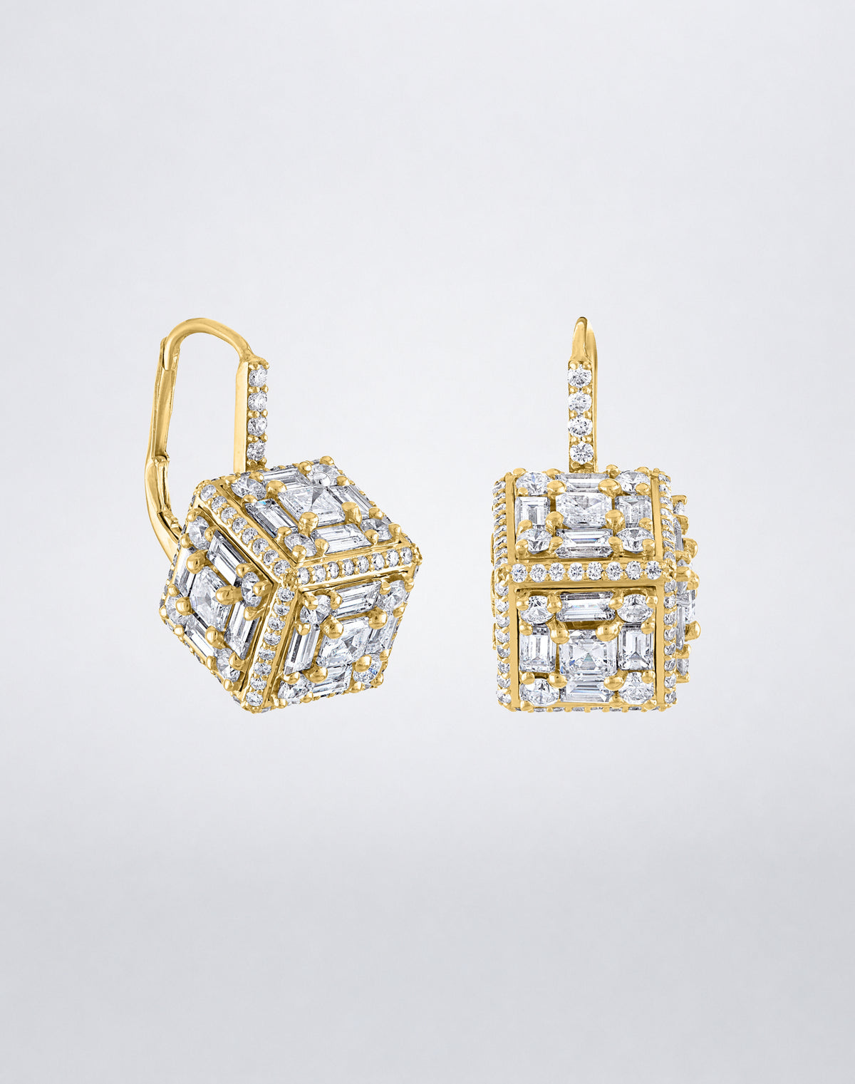 Mindi Mond New York Clarity³ Dimensional Mega Halo Drop Earrings in 18K yellow gold, diamond formations ringed in pavé halos on pavé lever-backs