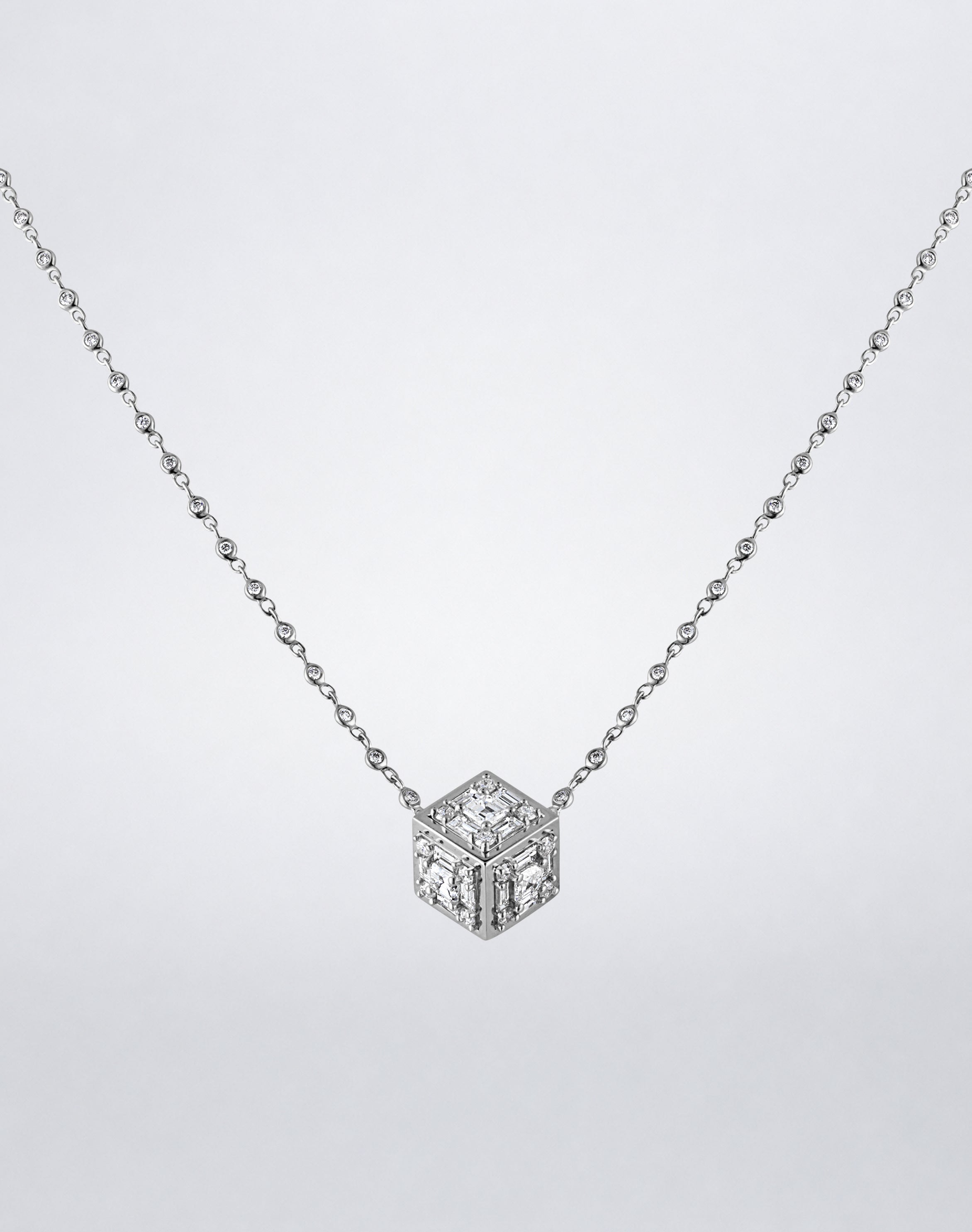 Mindi Mond New York Clarity³ Dimensional Gold Pendant Necklace in 18K white gold, three-dimensional diamond cube with a nine-stone formation on each face and polished gold edges, on a bezel-set diamond chain, full view