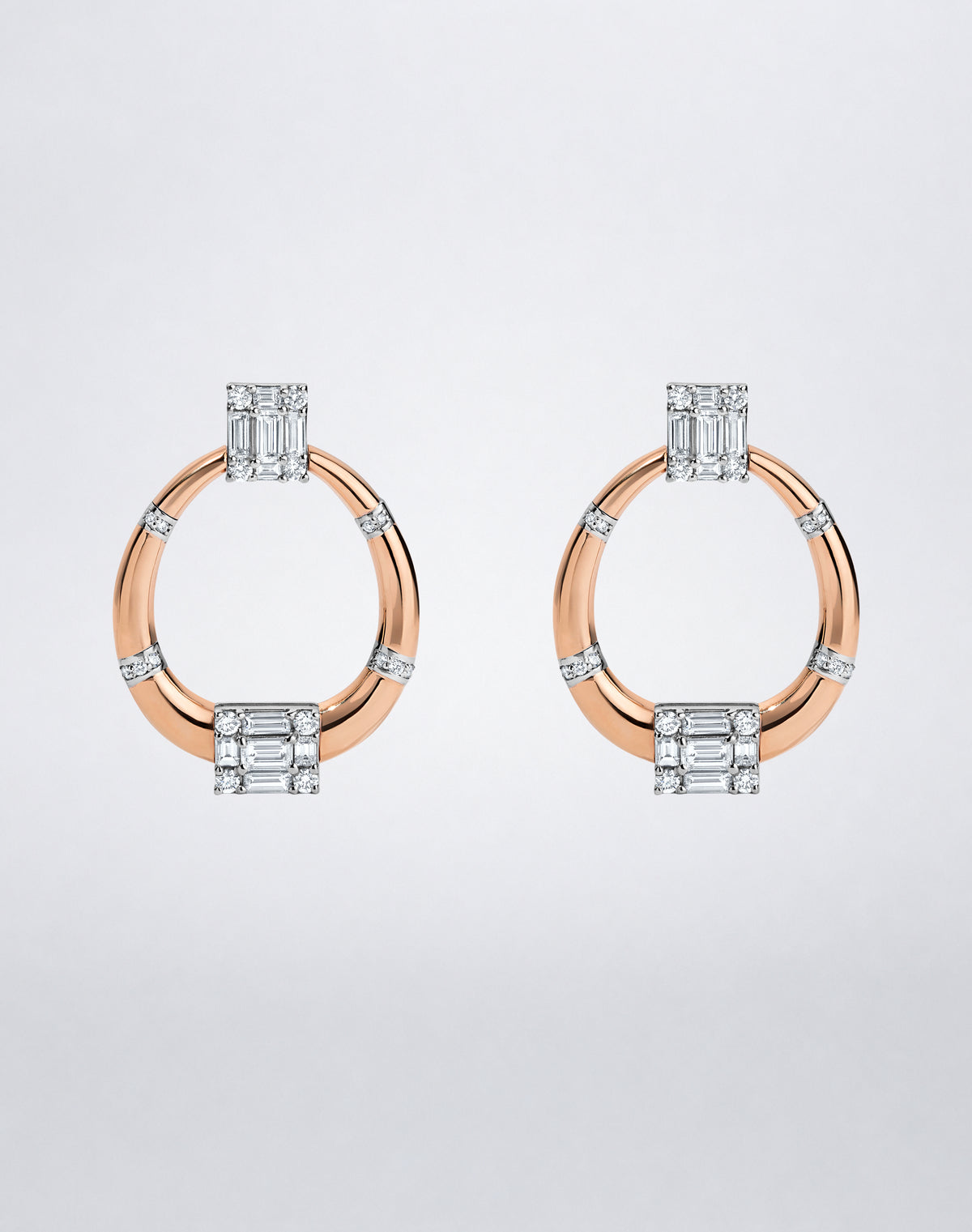 Mindi Mond New York Clarity³ Polished Gold Doorknocker Earrings in 18K rose gold, a polished open ring with pavé bands hung between two nine-stone diamond formations