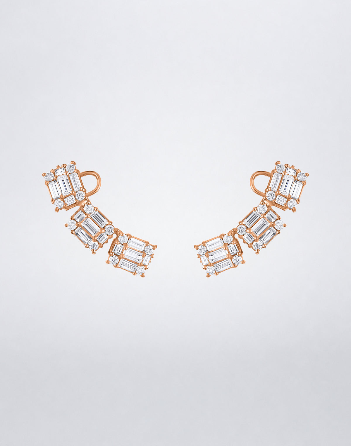 Mindi Mond New York Clarity³ Ear Climbers in 18K rose gold, three diamond formations ascending in a gentle arc