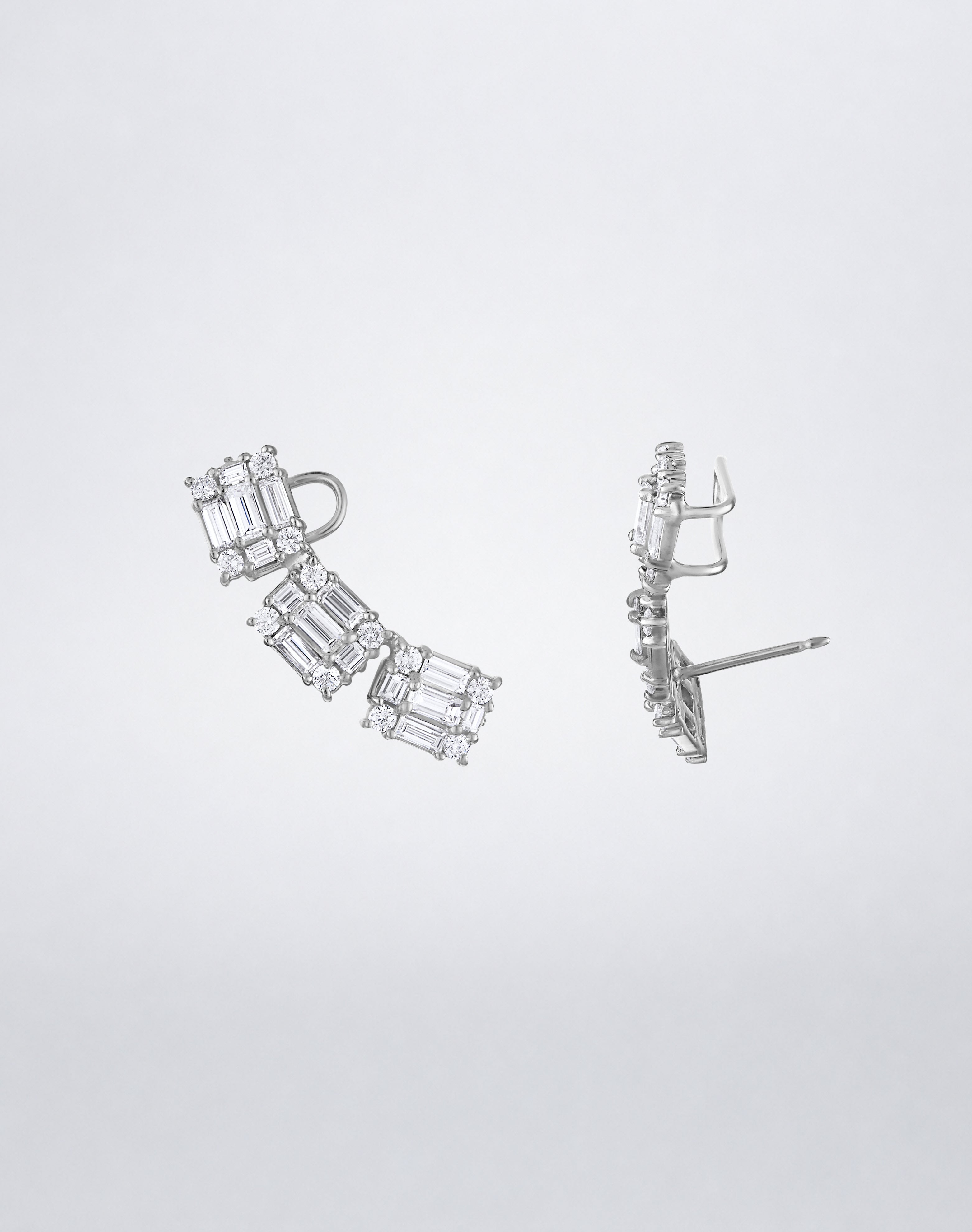 Mindi Mond New York Clarity³ Ear Climbers in 18K white gold in profile, revealing the post and support that hold the climber along the ear