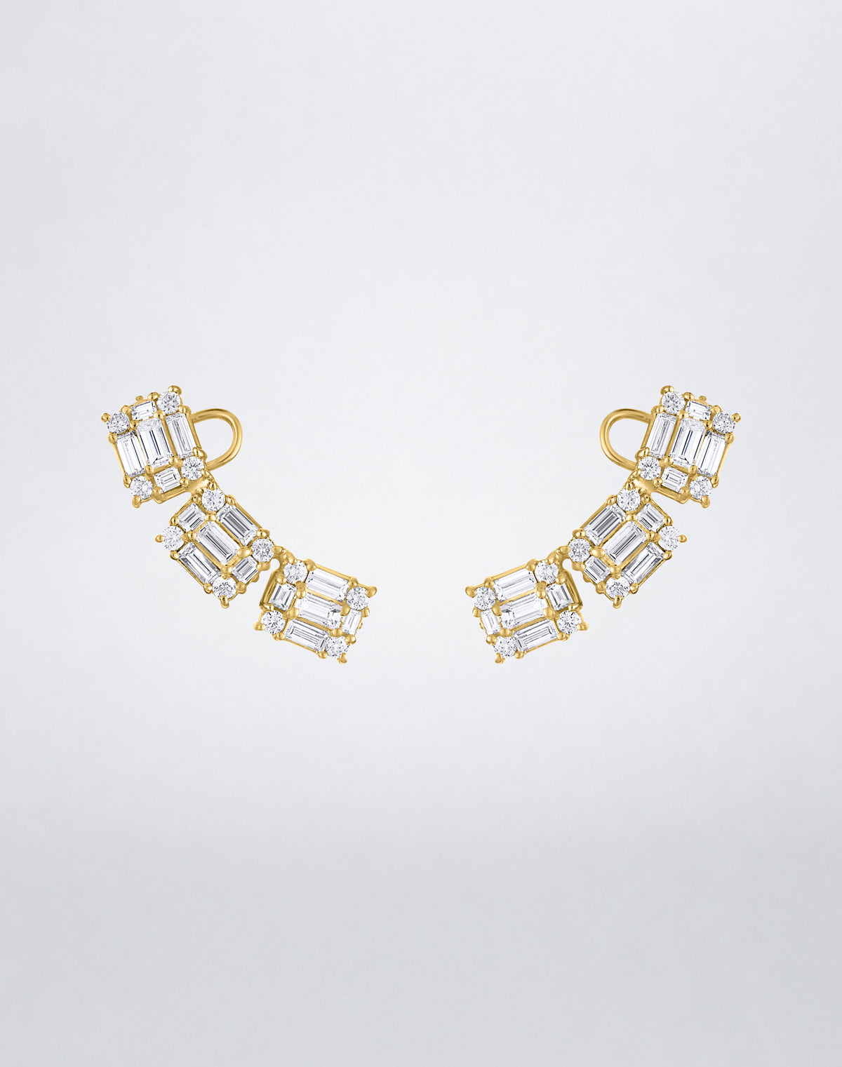 Mindi Mond New York Clarity³ Ear Climbers in 18K yellow gold, three diamond formations ascending in a gentle arc