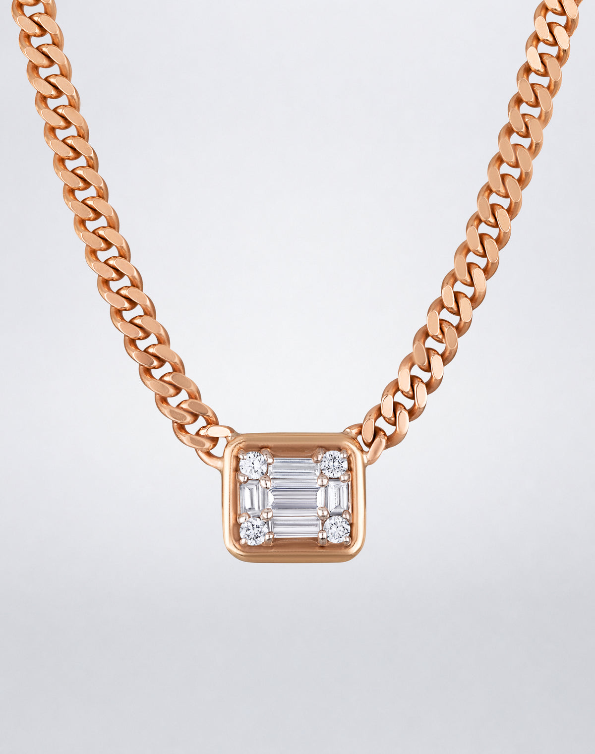 Mindi Mond New York Clarity³ Gold Framed Link Necklace in 18K rose gold, single nine-stone diamond cube in a polished gold frame on a curb-link chain