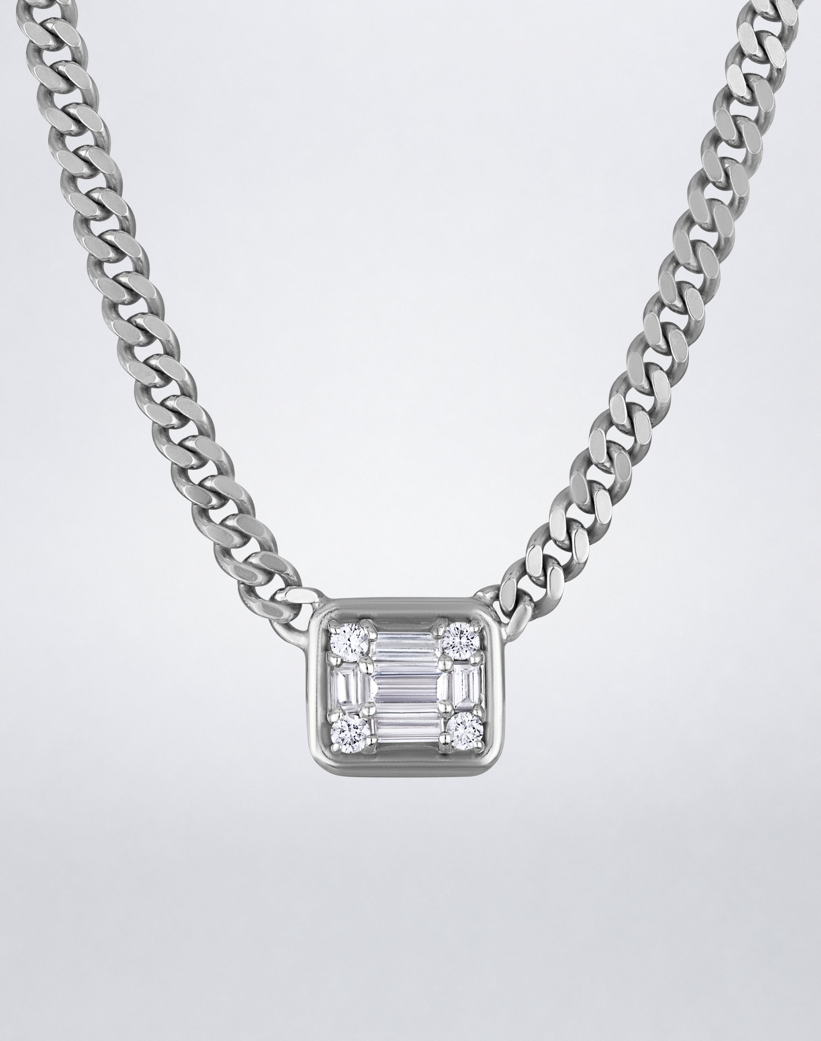 Mindi Mond New York Clarity³ Gold Framed Link Necklace in 18K white gold, single nine-stone diamond cube in a polished gold frame on a curb-link chain