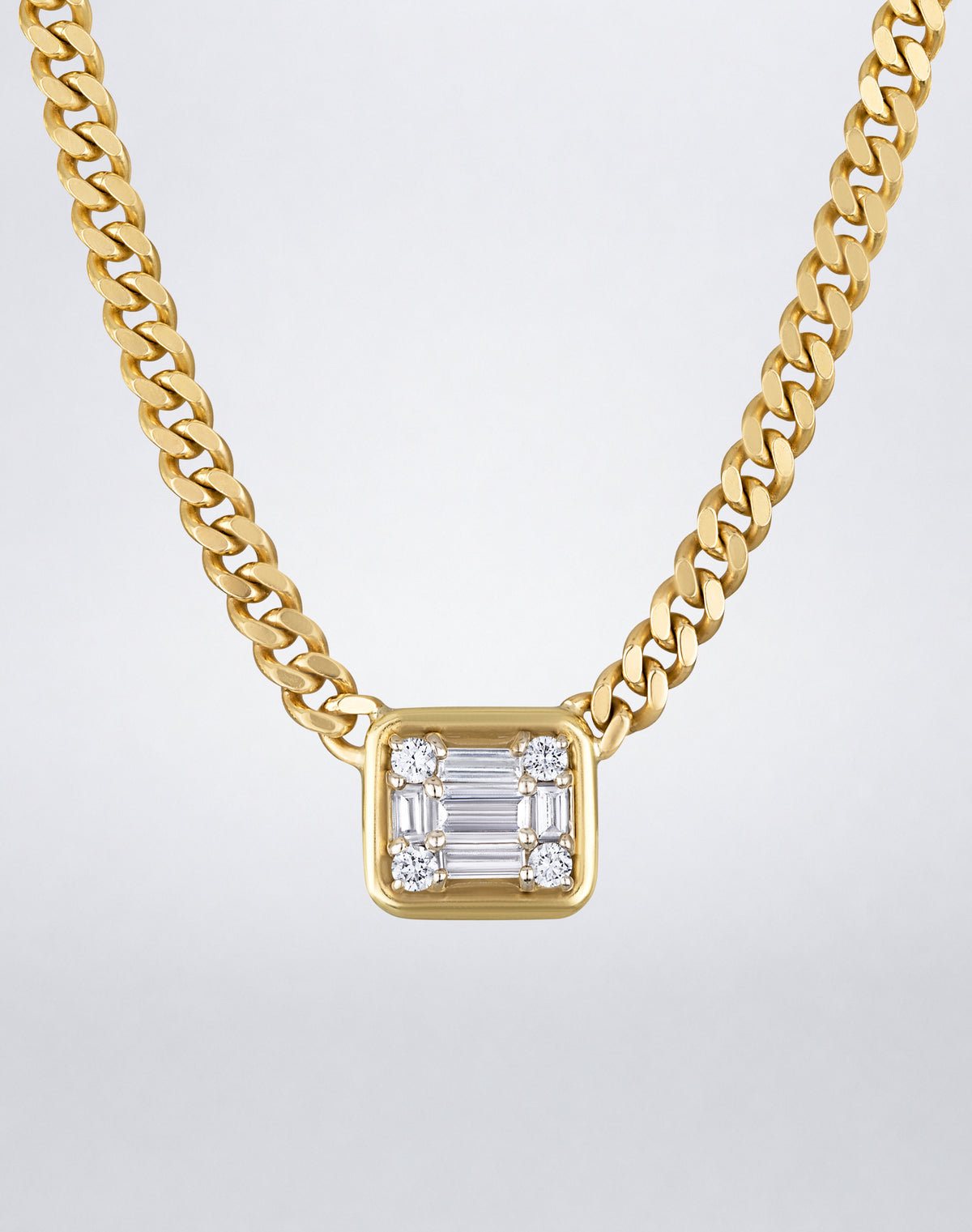 Mindi Mond New York Clarity³ Gold Framed Link Necklace in 18K yellow gold, single nine-stone diamond cube in a polished gold frame on a curb-link chain