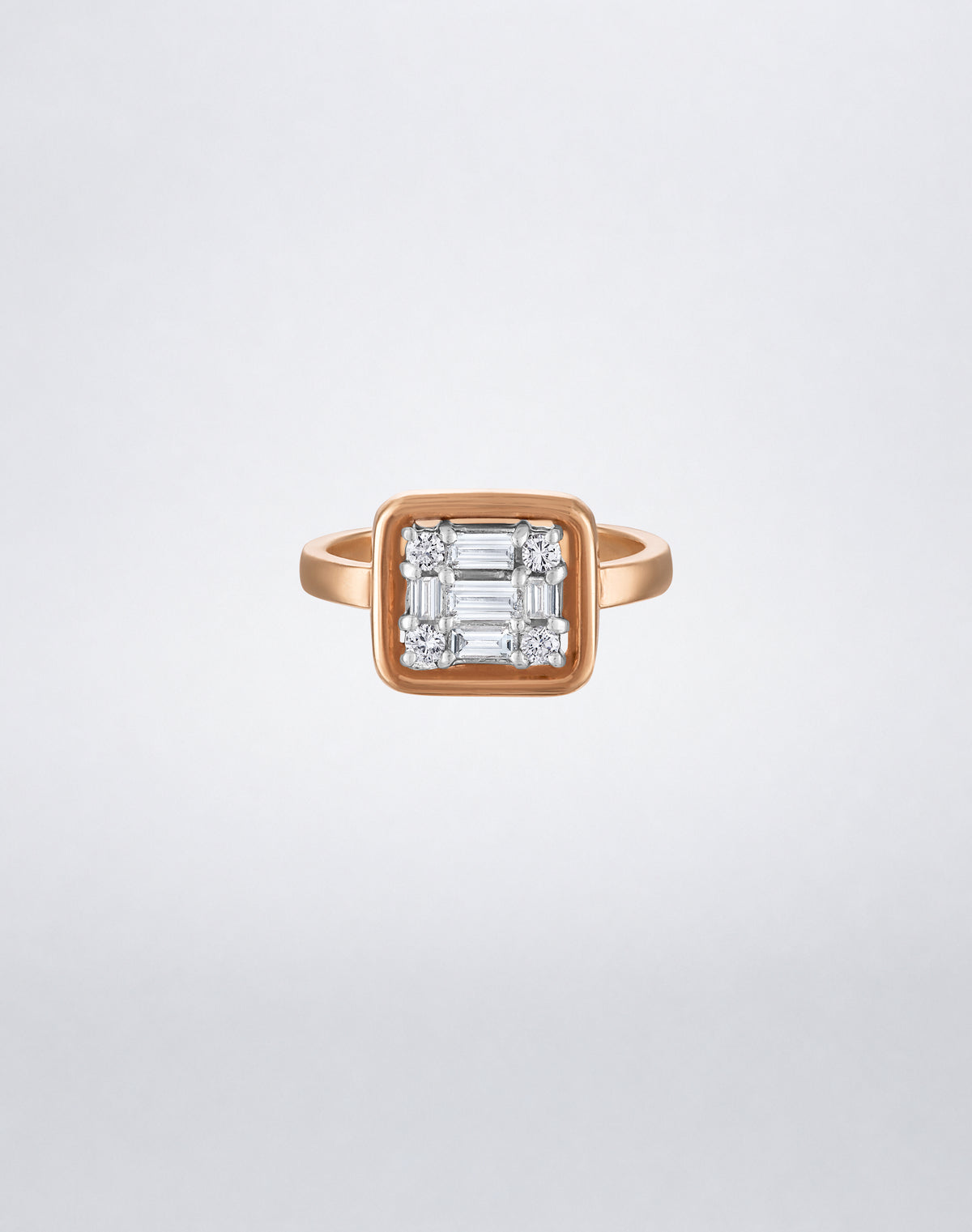 CLARITY³ Gold-Framed Ring in 18K rose gold with a square baguette and round diamond cluster, by Mindi Mond New York