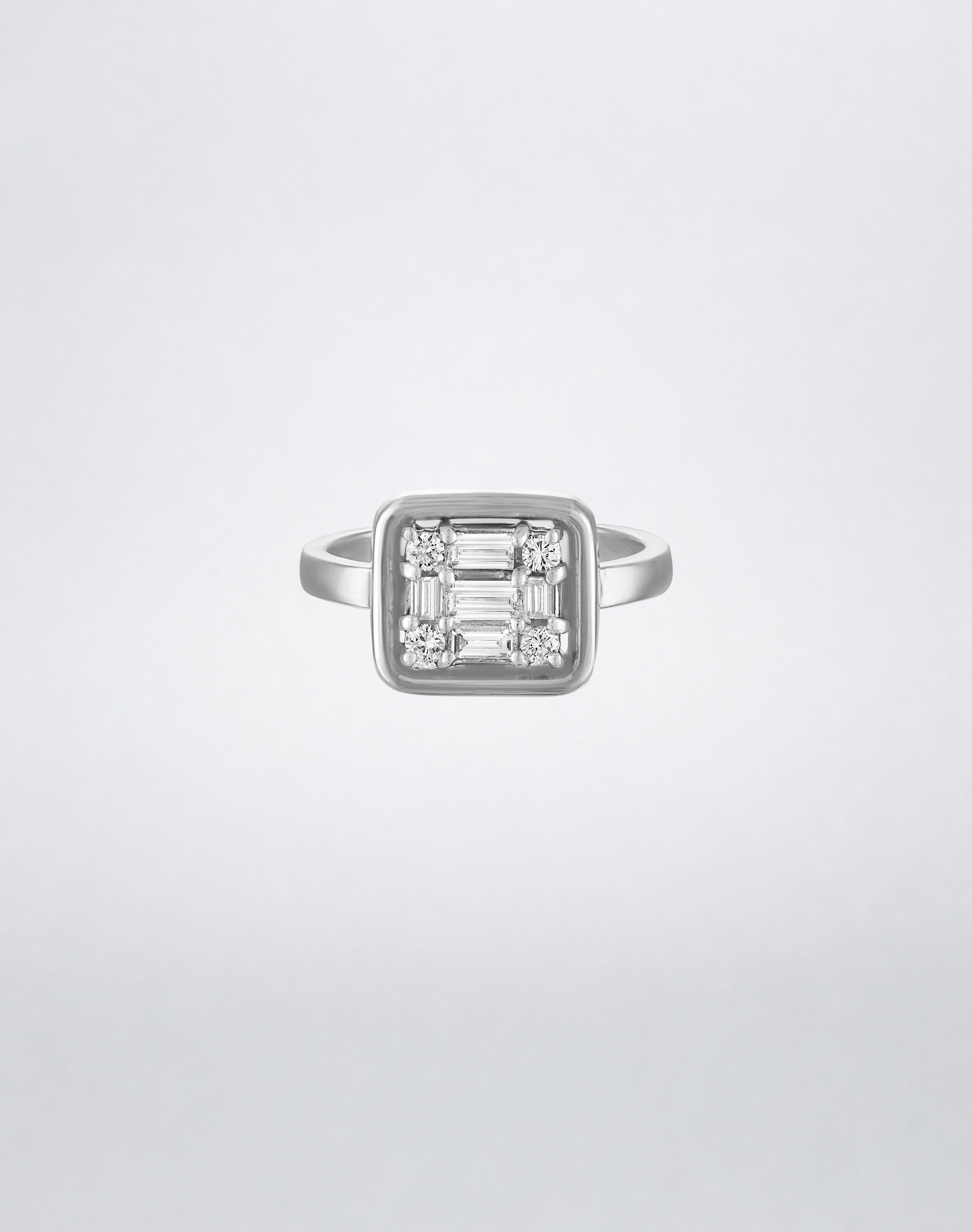 CLARITY³ Gold-Framed Ring in 18K white gold with a square baguette and round diamond cluster, by Mindi Mond New York