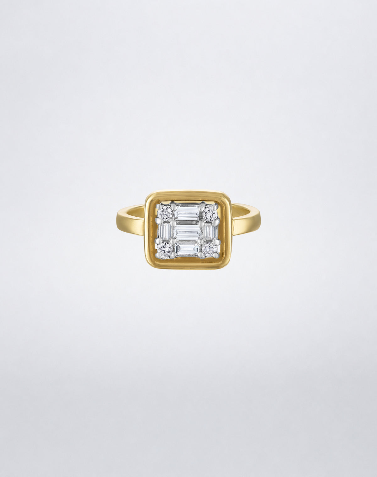 CLARITY³ Gold-Framed Ring in 18K yellow gold with a square baguette and round diamond cluster, by Mindi Mond New York